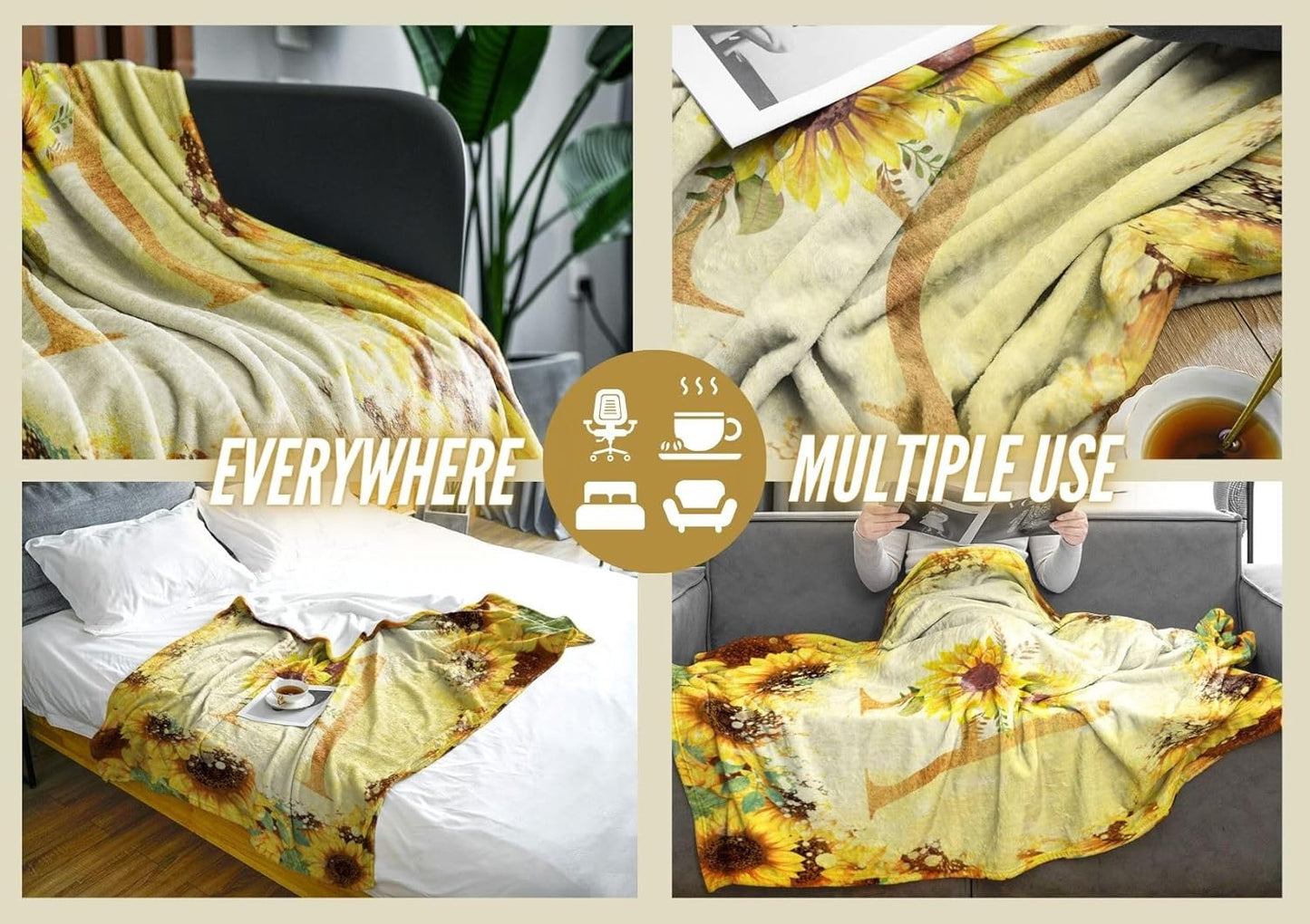 InnoBeta Sunflower Initial Birthday Gifts for Women, Gift Ideas for Her, for Mom, Grandma, Aunt- 300gsm Flannel Blanket- 50"x 65"-S