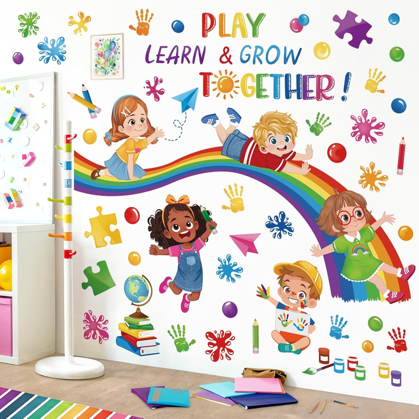 wondever Reading Corner Rainbow Wall Stickers Kids Inspirational Quotes Handprint Peel and Stick Wall Art Decals for Kids Room Reading Room Classroom