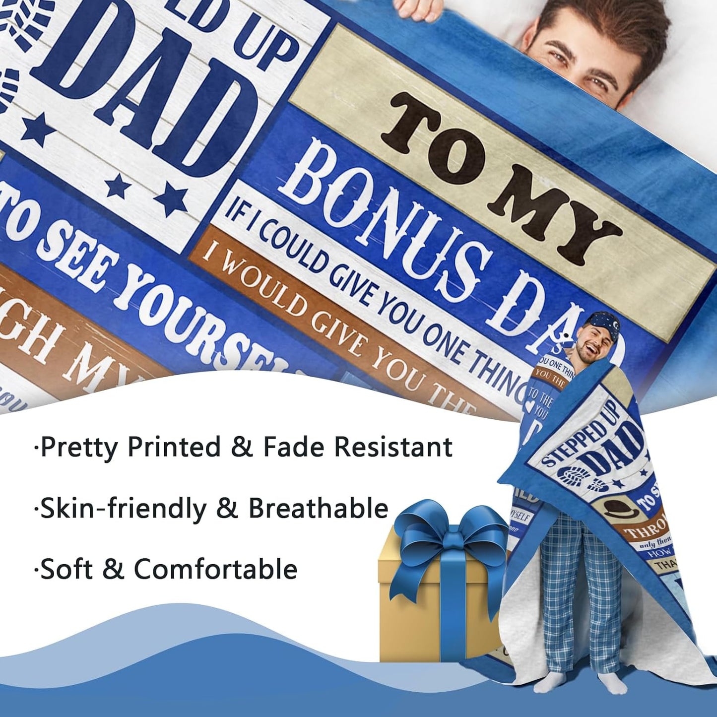 Bonus Dad Gift from Daughter Son Flannel Throw Blanket, for Stepped up Dad, Birthday Ideas for Men, Blue Soft Farmhouse Bedding Sofa Blankets Present 50 x 60 in