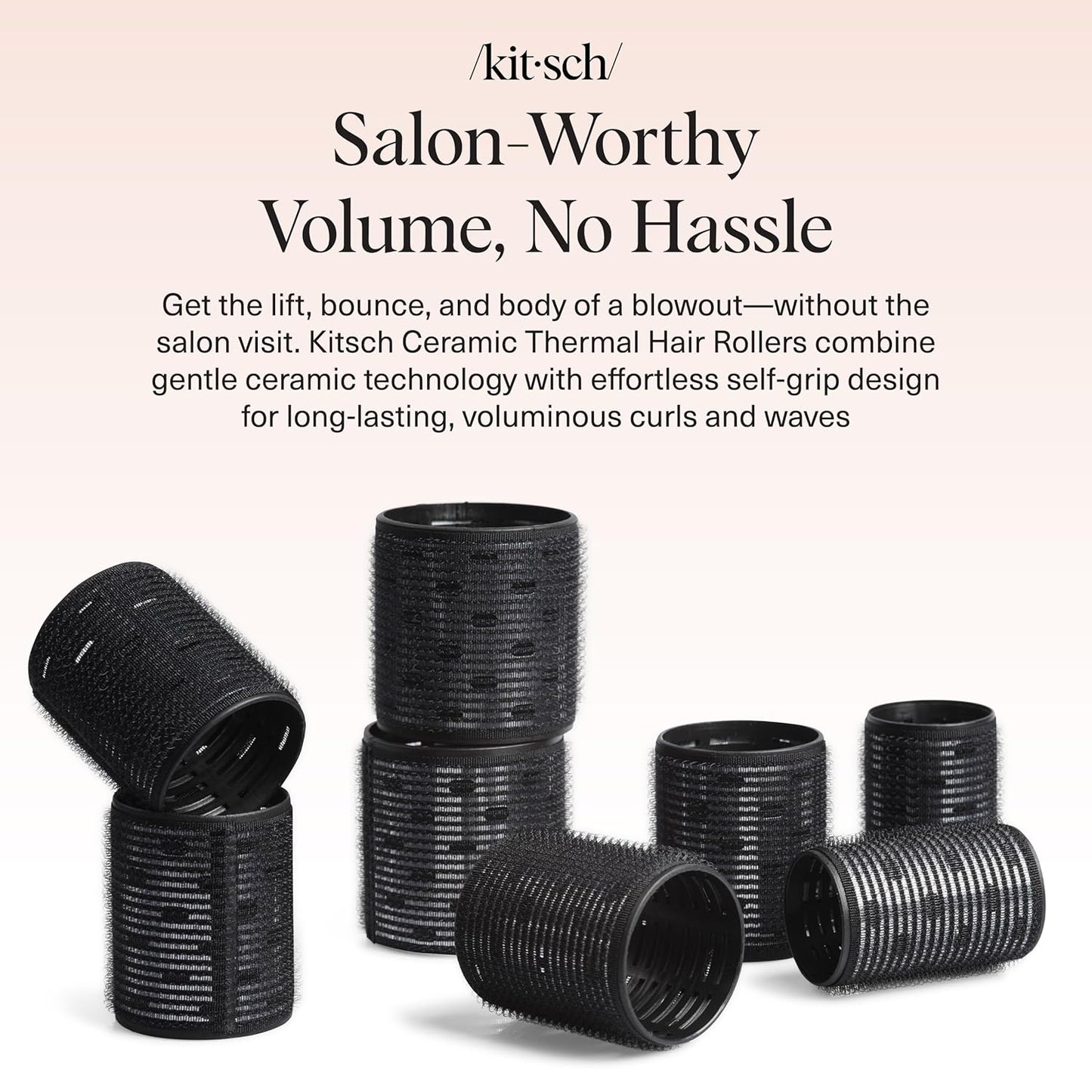 Kitsch Ceramic Thermal Hair Rollers for Women – Self Grip Hair Curlers for Heatless Curls Overnight, Long Lasting Frizz-Free Curls Volumizing Large Rollers for All Hair Types - Black, 8pcs