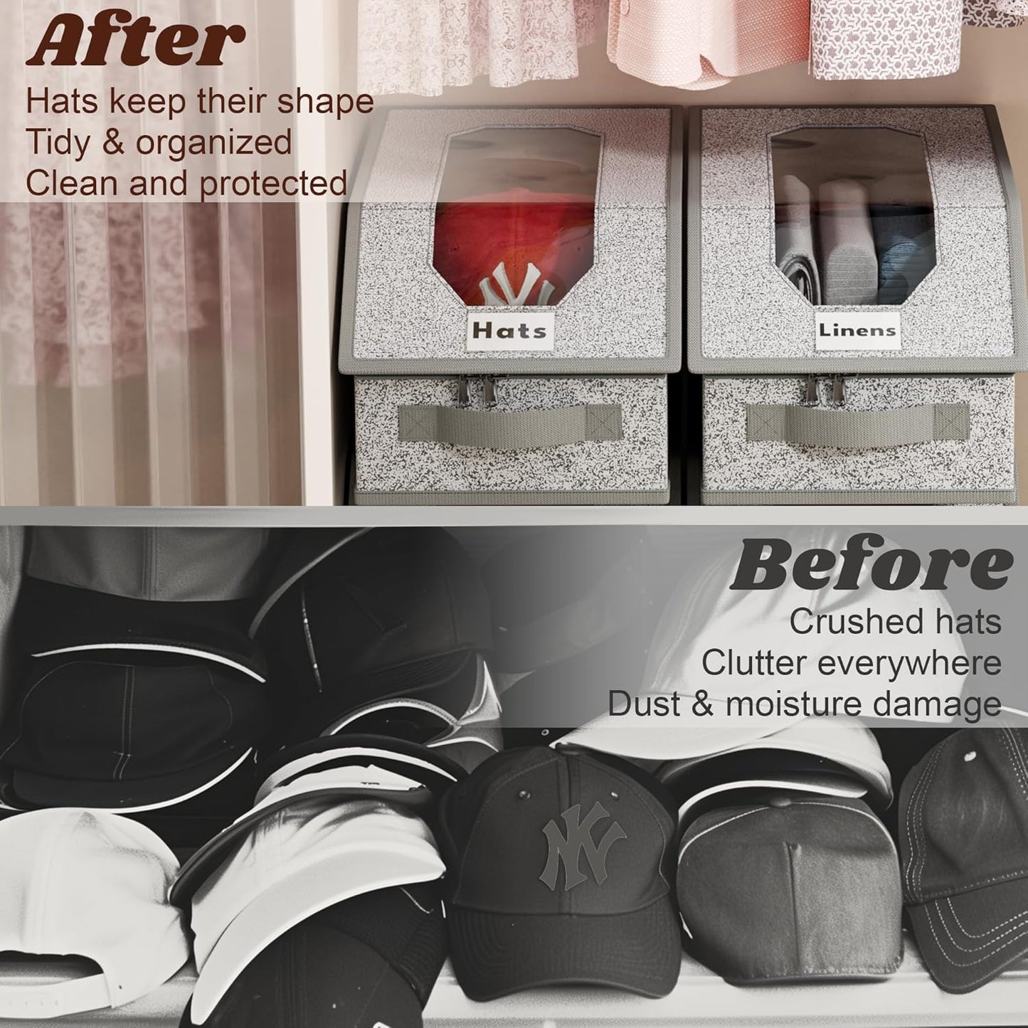 2 PCS Stackable Hat Storage for Baseball Caps, Clear Hat Storage Box with Cardboard, Holds up to 24 Caps, Portable Handle Design, for Closet/Shelf Use, Grey