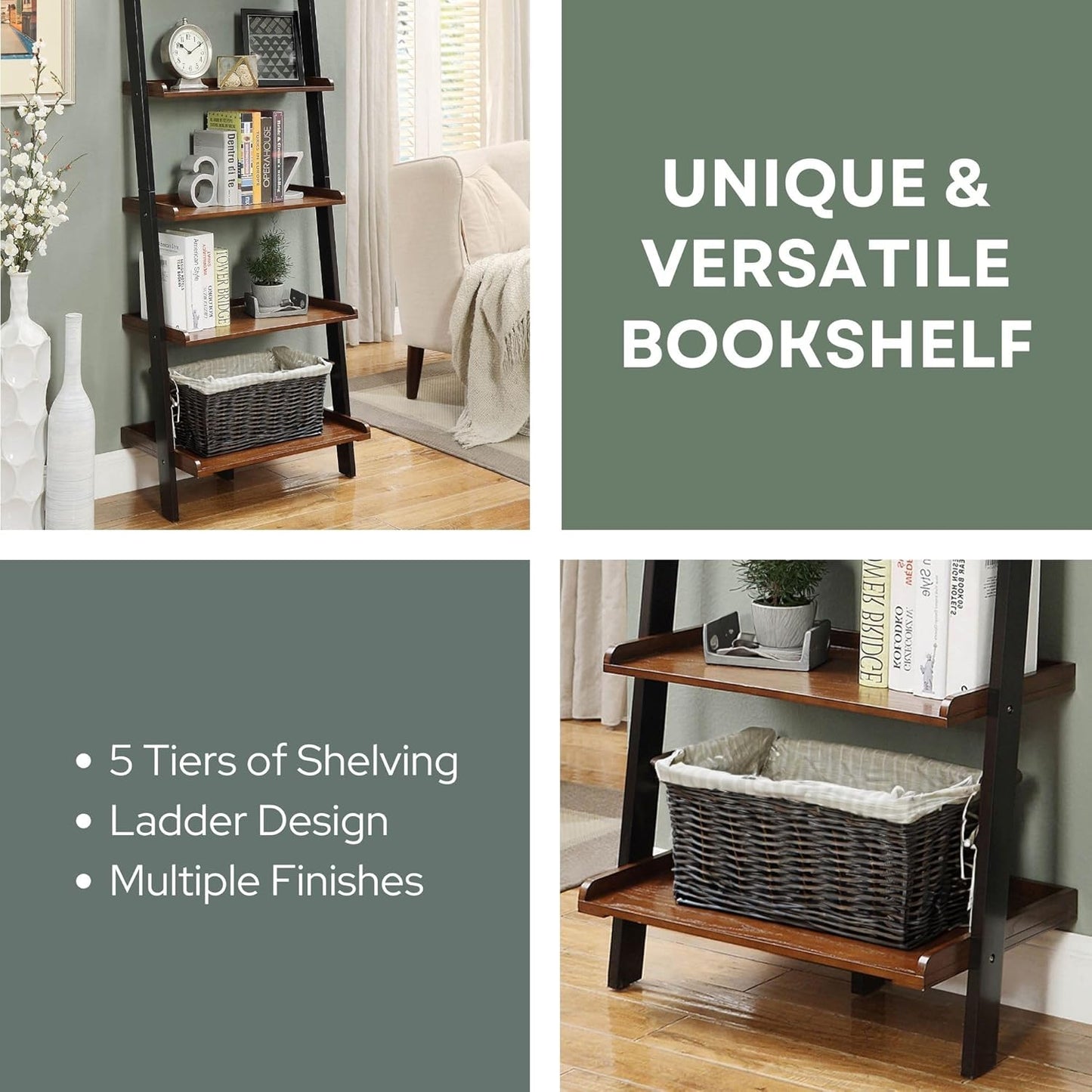 Convenience Concepts French Country Ladder Bookshelf 25" - Classic Living Room Bookcase for Traditional, Modern Office, Family Room & Home Office, Dark Walnut