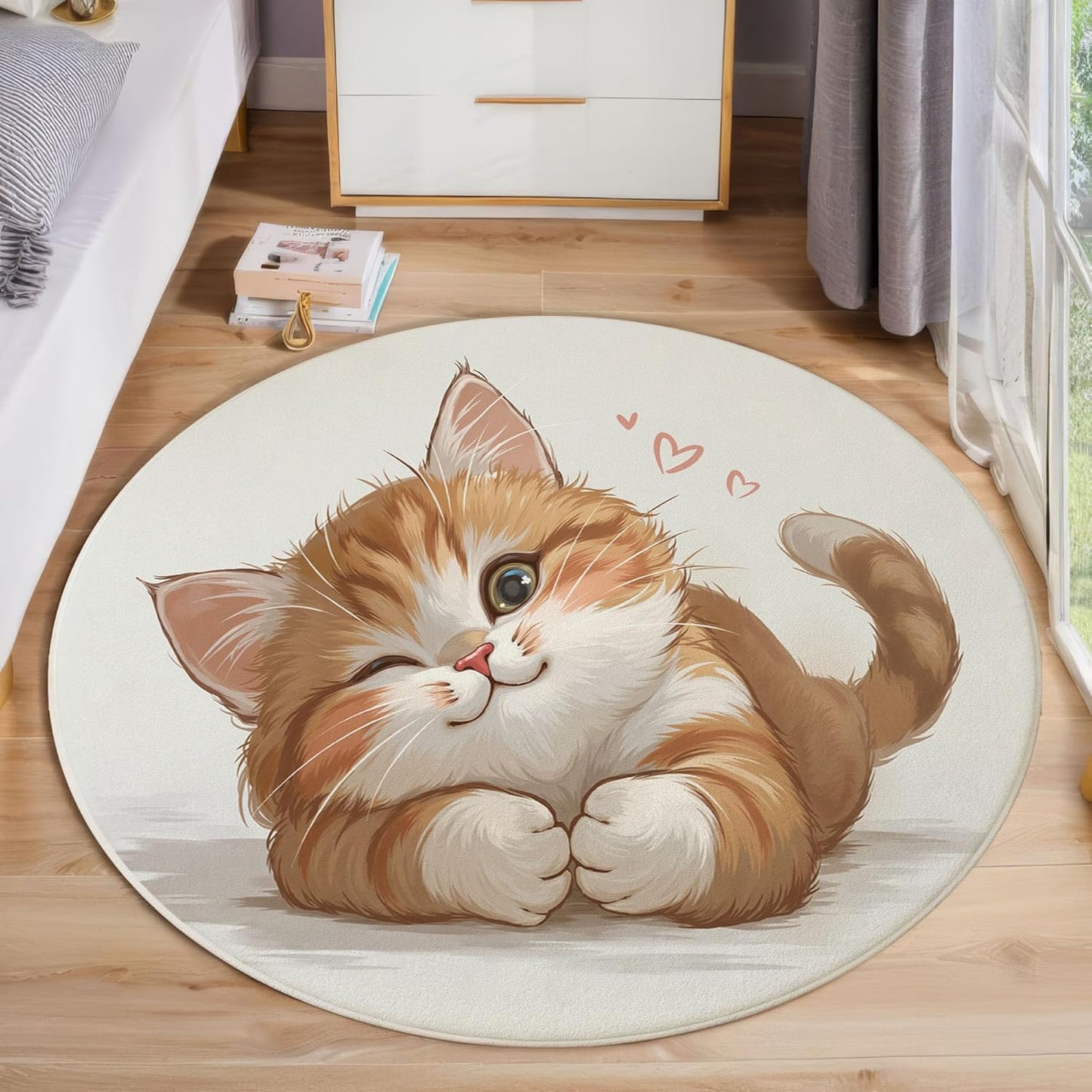 Cute Heart-Shaped Cat Round Rugs 5Ft, Fun Animal Round Living Room Area Rug, Washable Large Soft Circle Rug for Bedroom, Non Slip Ultra Thin Floor Carpet for Dining Room, Beige