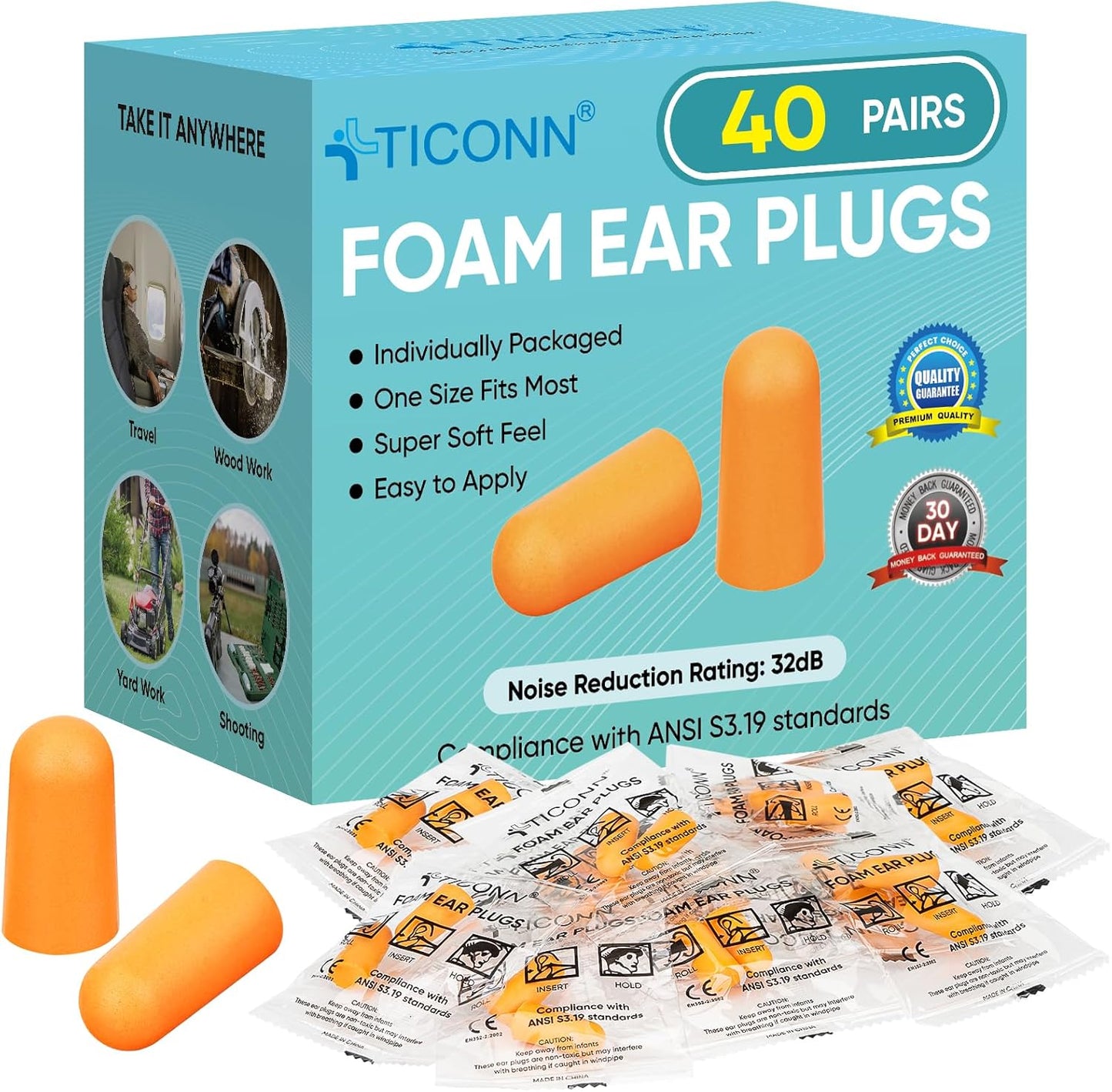 TICONN 40 Pairs Foam Ear Plugs, Individually Wrapped 32dB NRR Noise Reduction Earplugs for Sleeping Hearing Protection Travel Study Concentration Construction Site (40Pairs)