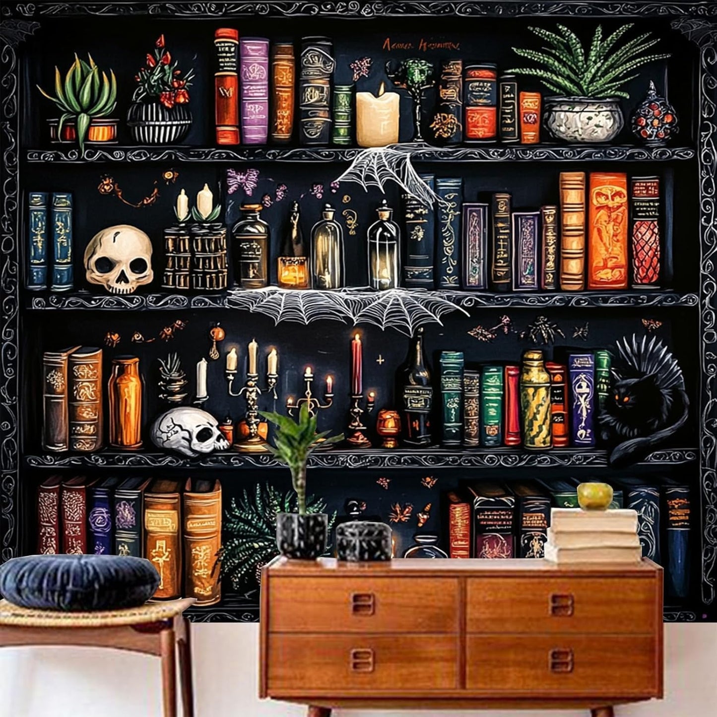 Algasan Magic Bookshelf Tapestry Magical Book Tapestry Gothic Witchy Vintage Library Skull Potion Black Cat Candle Botanical Backdrop for Bedroom Living Room Dorm 78.7 x 59.1 Inches