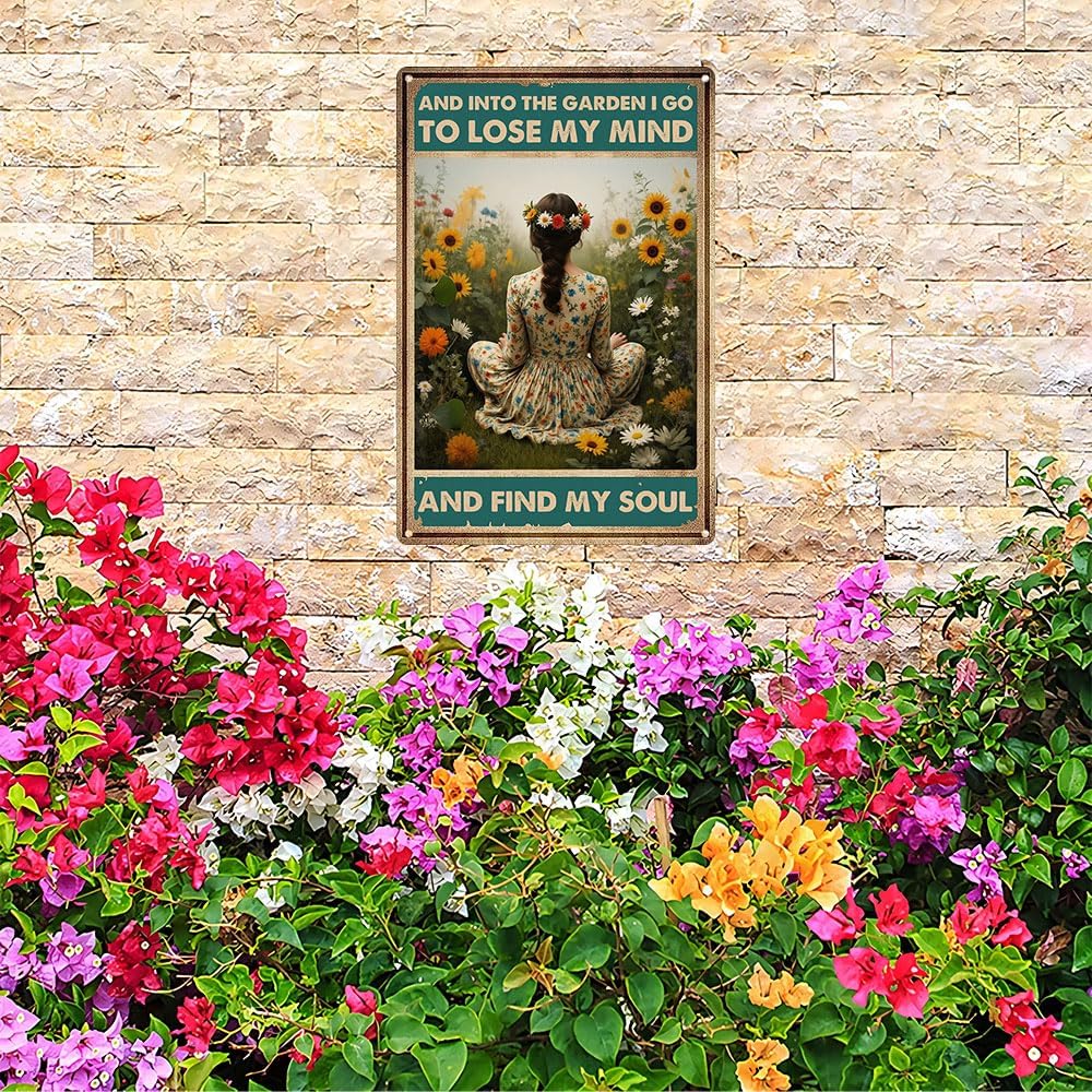 Funnysign Garden Gifts Vintage Metal Tin Sign – “And Into the Garden I Go to Lose My Mind and Find My Soul” Rustic Floral Wall Art for Home, Patio, Garden Décor – 8x12 Inches (9849)