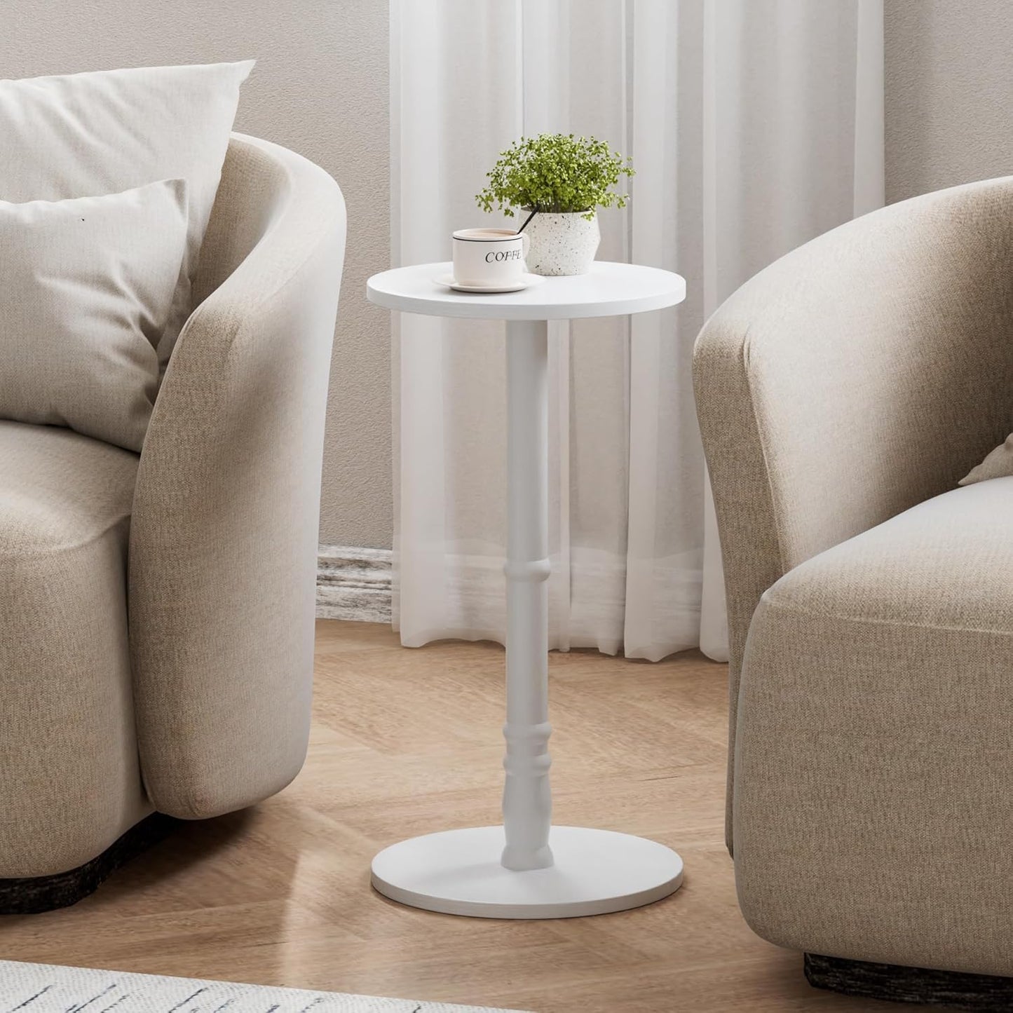 12" Round Side Tables Set of 2, Solid Wood Pillar with Wood Top & Base, Small Drink Accent Table for Living Room, Bedroom, Sofa & Office, Easy Assembly, White
