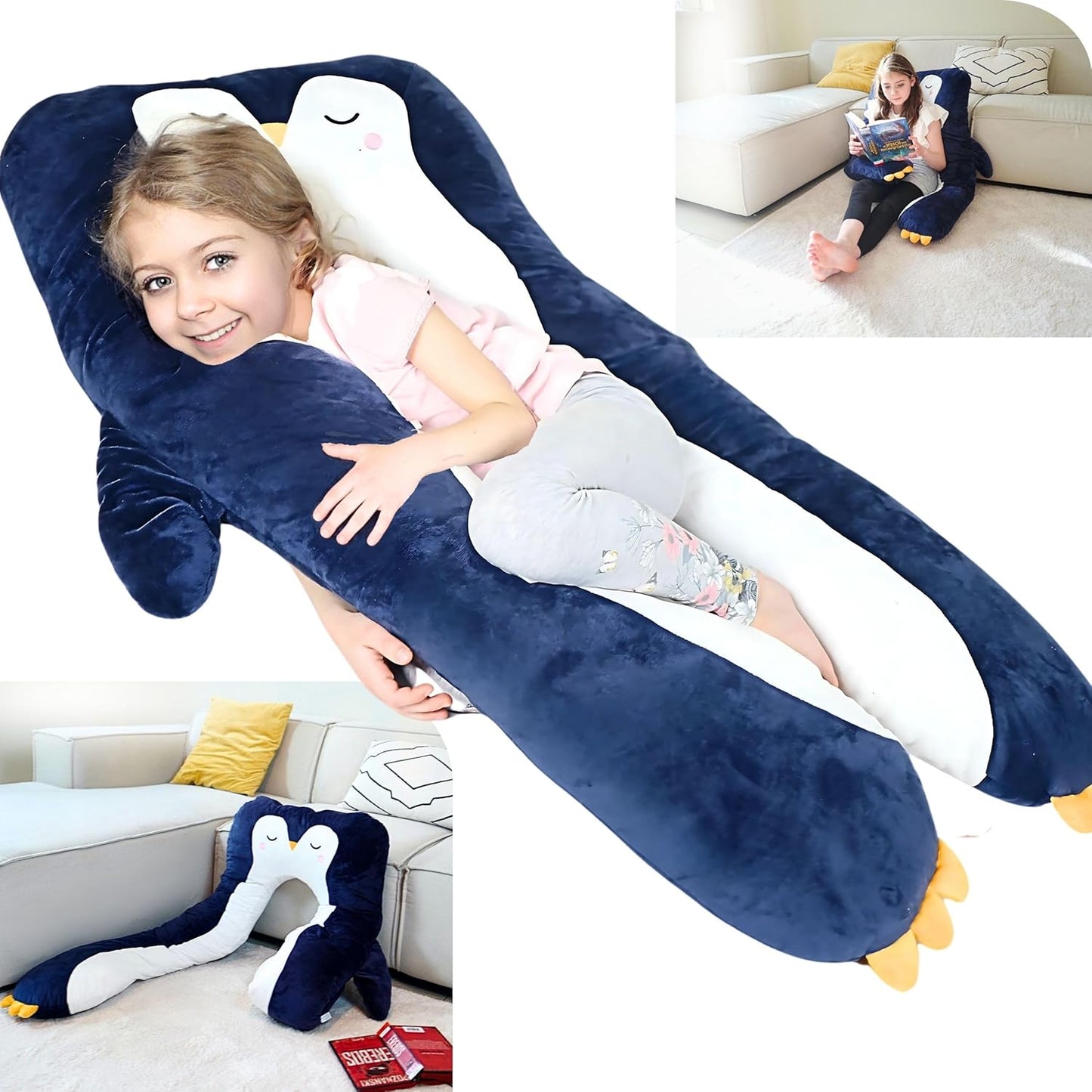 LUNAMIRA Penguin Kids Body Pillow - 47" U-Shape Long Plush Animal Pillow for Kids, Sleeping, Reading, ADHD & Special Needs Comfort, Anxiety, Washable Cover, Snuggle Fun Cuddle Gift for Boys & Girls