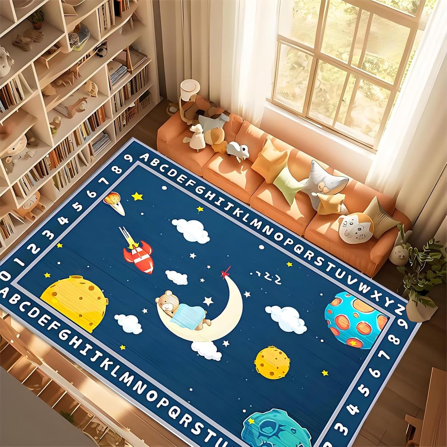 ABC Alphabet Numbers Blue Kids Rugs 3x5ft for Bedroom Playroom Cartoon Rocket Moon Clouds Space Area Rug Soft Carpet Children Playmat