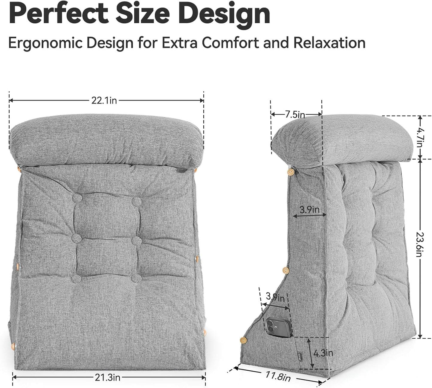 23" H Bed Wedge Reading Pillow with Adjustable Headrest, Reading Pillow for Sitting in Bed Couch Adult Backrest Pillow for Neck Back Lumbar Support with Removable Washable Cover Dark Gray