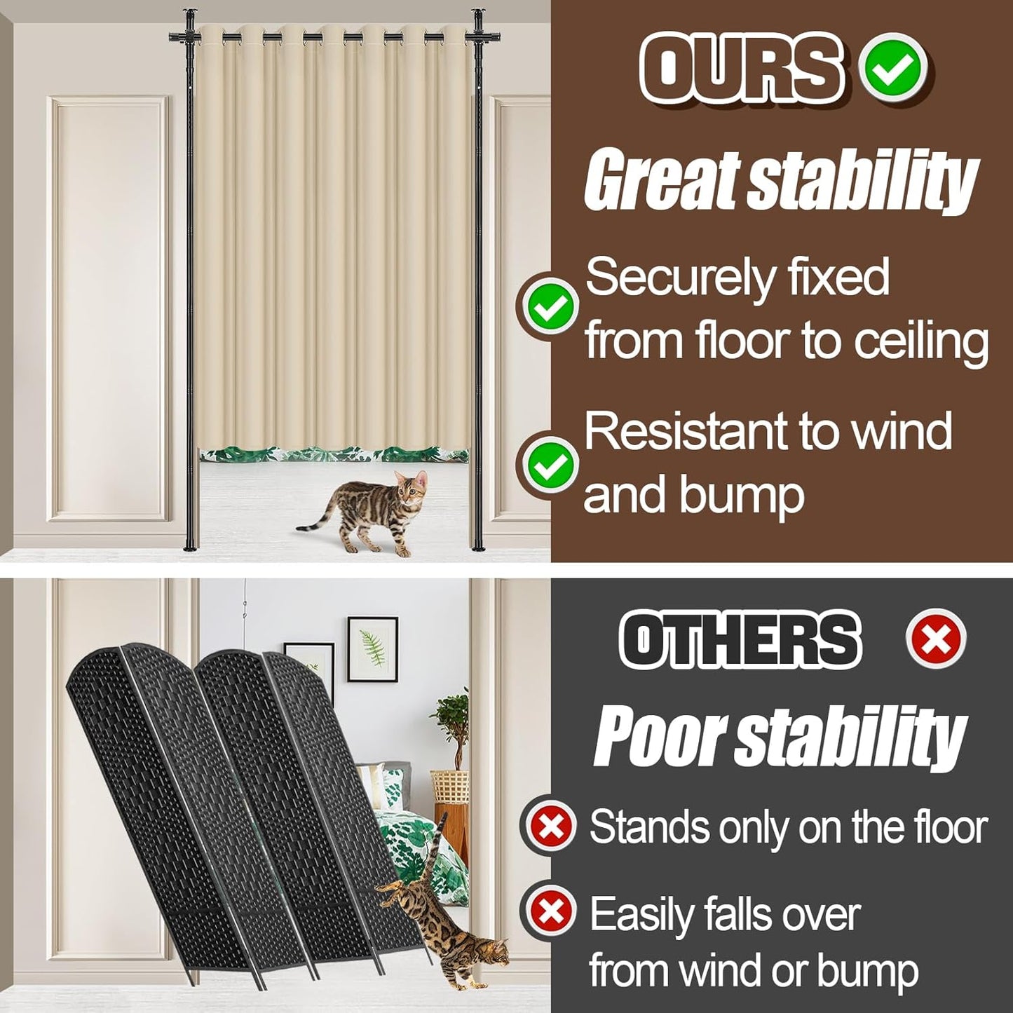 Room Divider Curtain and Rod Set - 6 x 10.2FT Adjustable Wall Divider Rod & Soft Privacy Curtains, Portable Easy to Install Room Separations for Room Blackout