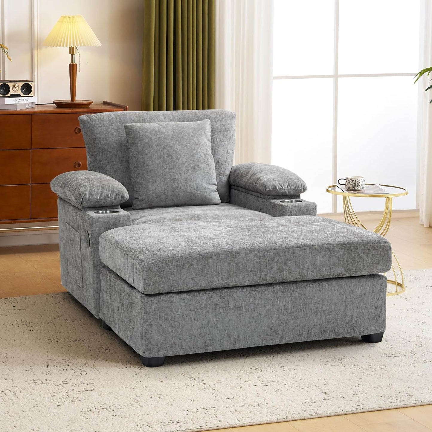 Modern Ergonomic Accent Chair with Ottoman - Supportive Oversized Lounge Chair for Living Room, Bedroom, Reading, Vanity, Comfy Seating with Lumbar Support, Cup Holders and Stylish Design,Grey-Chenill