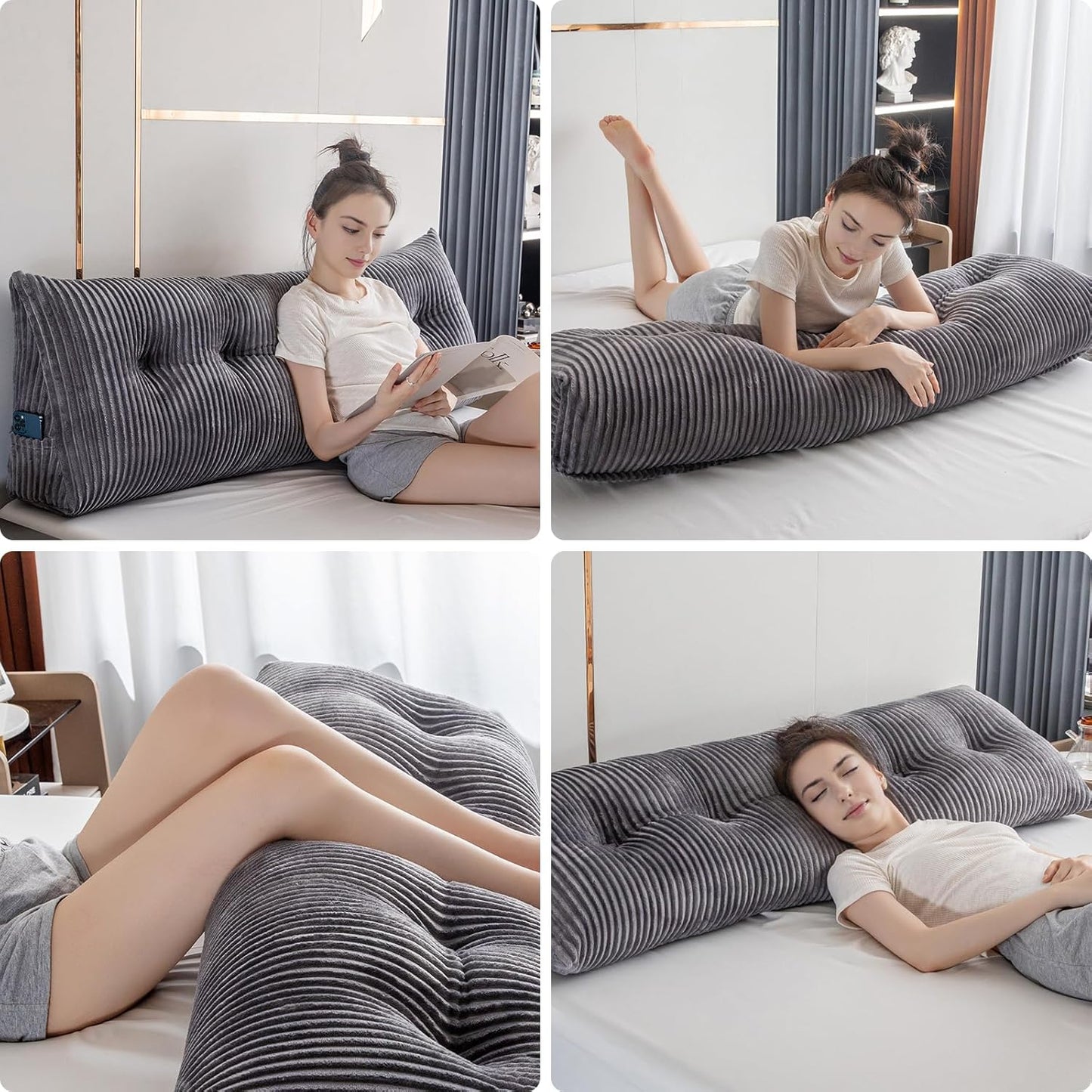 Large Triangular Headboard Wedge Bed Rest Reading Pillow Backrest Positioning Support Bolster Cushion with Removable Cover (Grey, CA King: 71x8x20 Inches)