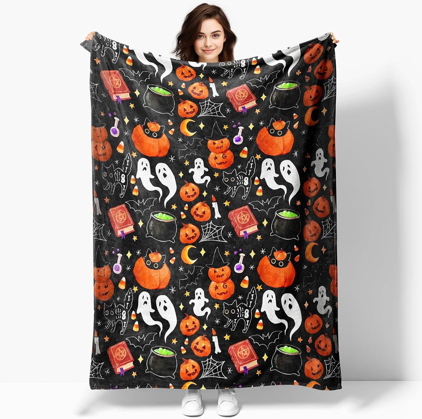 50"x40" Vintage Halloween Throw Blanket,Witch Spider Webs Bat Pumpkin Skull Gothic Blanket, Festival All Seasons Warm Cozy for Sofa Chairs Bed Office Home Women GIrls Gift (Halloween Blanket 4)