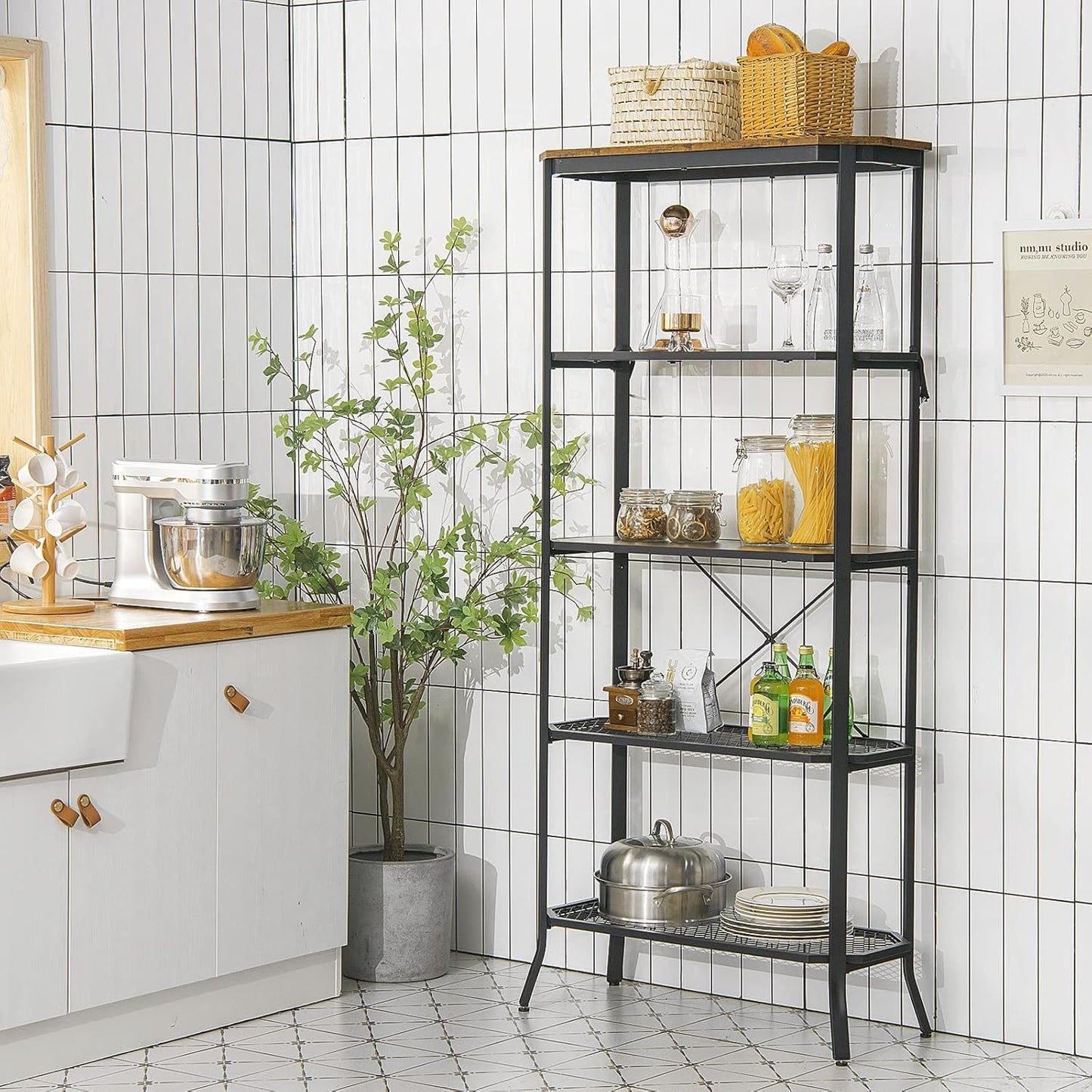 Tangkula 5 Tier Bookshelf, Freestanding Storage Shelving Unit with Steel Frame and Out-Stretched Legs, Industrial Open Display Shelf Plant Stand Organizer for Living Room Home Office