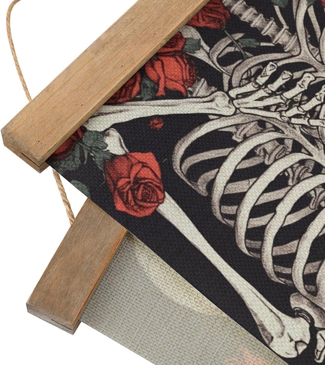 Vintage Rose And Skeleton Poster with Wooden Frame Personalized Linen Hanging Scroll Painting Rustic Wall Hanging Illustrative Modern Artwork Decor for Home Living Room Bedroom Office
