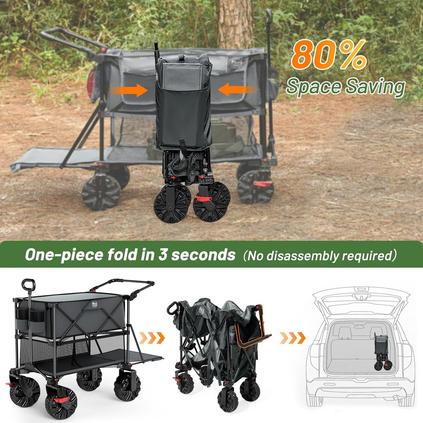 TIMBER RIDGE Push & Pull Double Decker Wagon, 400L Large Capacity Heavy Duty & 450lb Load, Collapsible Cart with All-Terrain Wheels & Brakes, 54” Extended Foldable for Sports, Beach, Camping, Grey