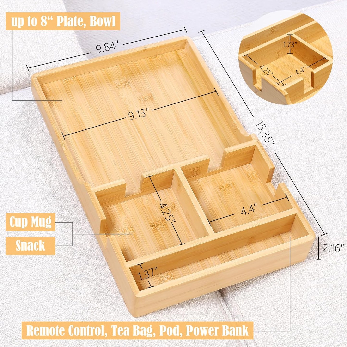 Nnewvante Couch Tray, 2-in-1 Insert & Flat Sofa Organizer Bamboo with 2 Cup Holders,Fits Seat Gaps or Ottomans,for Snacks, Drinks, Remotes,15.35x9.84-inch