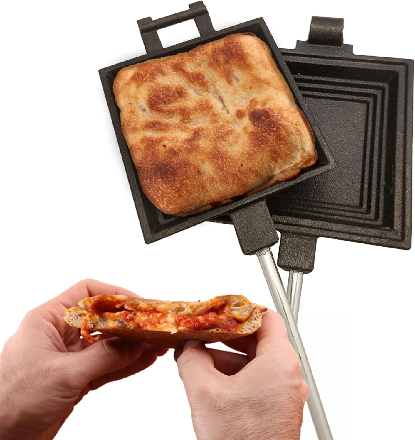 Coghlan's Cast Iron Camp Cooker - Pre-Seasoned Pie Iron Sandwich Maker with Heat-Resistant, Removable Handles, Easy-to-Clean for Toasted Pies, Grilled Sandwiches, and Meats, For Campfire Cooking