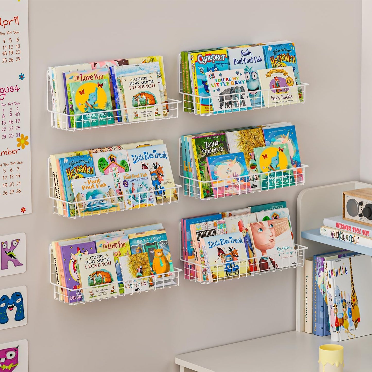 6-Pack White Floating Nursery Book Shelves , Metal Wall Mounted Storage book Shelves for Kids Bedroom, Toddler Room, Baby Nursery Decor, Space-Saving Display Shelves for Books & Toys - 2 Sizes