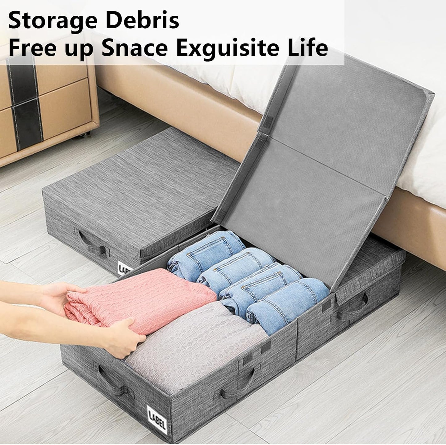 Modern Grey Under Bed Storage Boxes, 2 Pack, 33.1 x 16.1 x 6 Inch, Large Capacity, Durable, Collapsible, Water Resistant