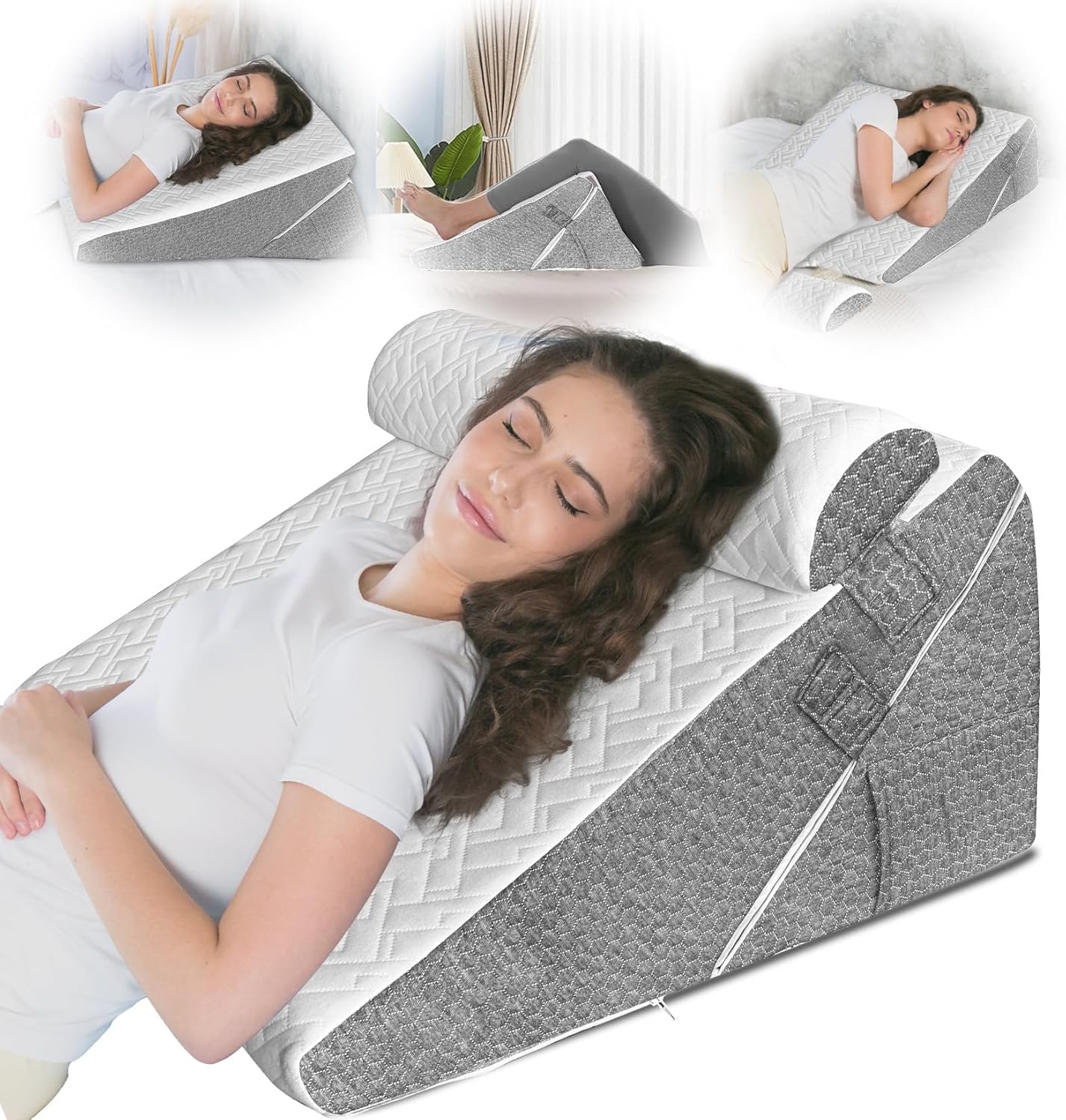 GUWELL Wedge Pillow Headboard for Sleep, 3PCS Adjustable Bed Wedge Pillow for Acid Reflux&Back Pain Relief, Sleeping, Back Pillow for Bed Sitting Up, 12inch/White/Grey