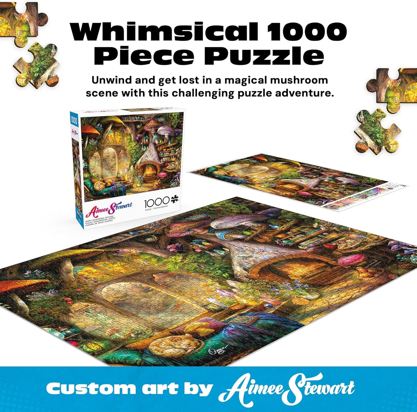 Buffalo Games – Aimee Stewart Merry Mushroom Cottage 1000 Piece Jigsaw Puzzle for Adults, Whimsical Fantasy Scene, Made in USA
