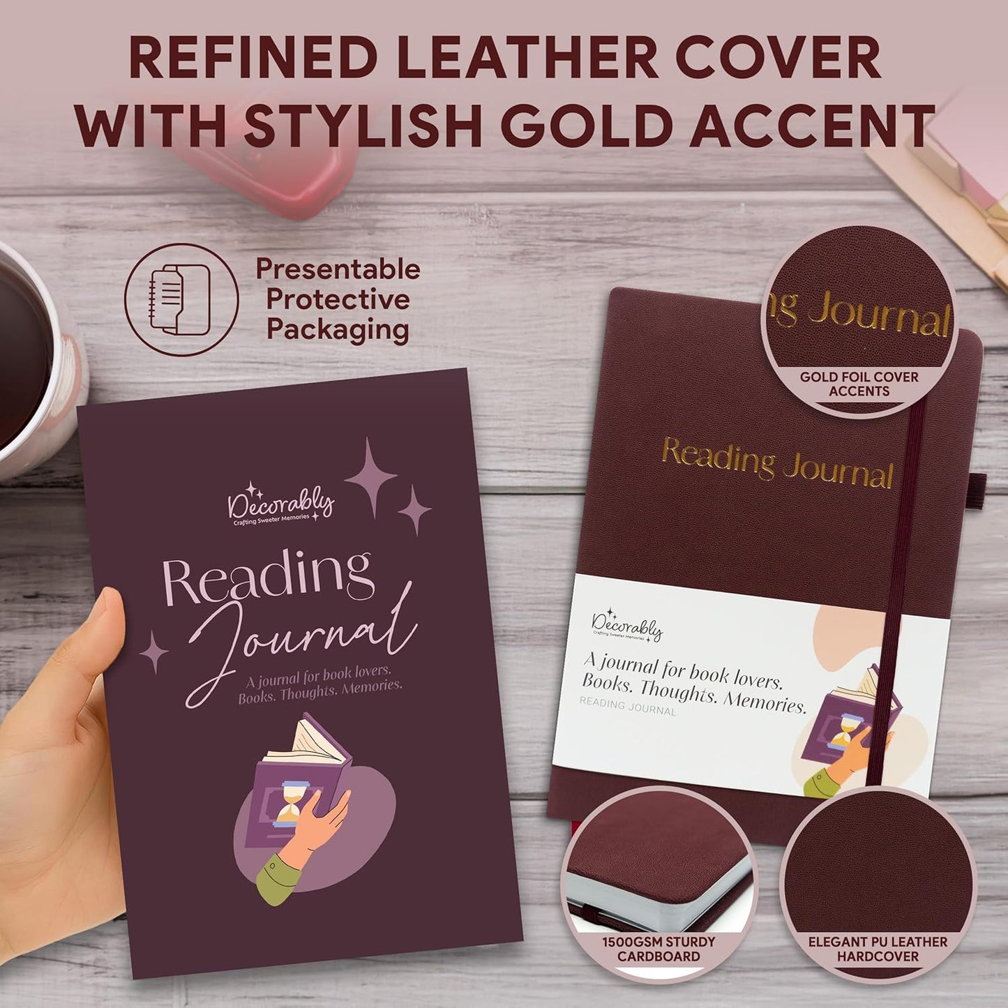 Decorably 75 Reviews Gold Foiled Reading Journals for Book Tracking with Stickers, 90 Sheets 6x8.5in with Pages: Index, Daily Tracker, Log, Wish List, Review, and Favorites