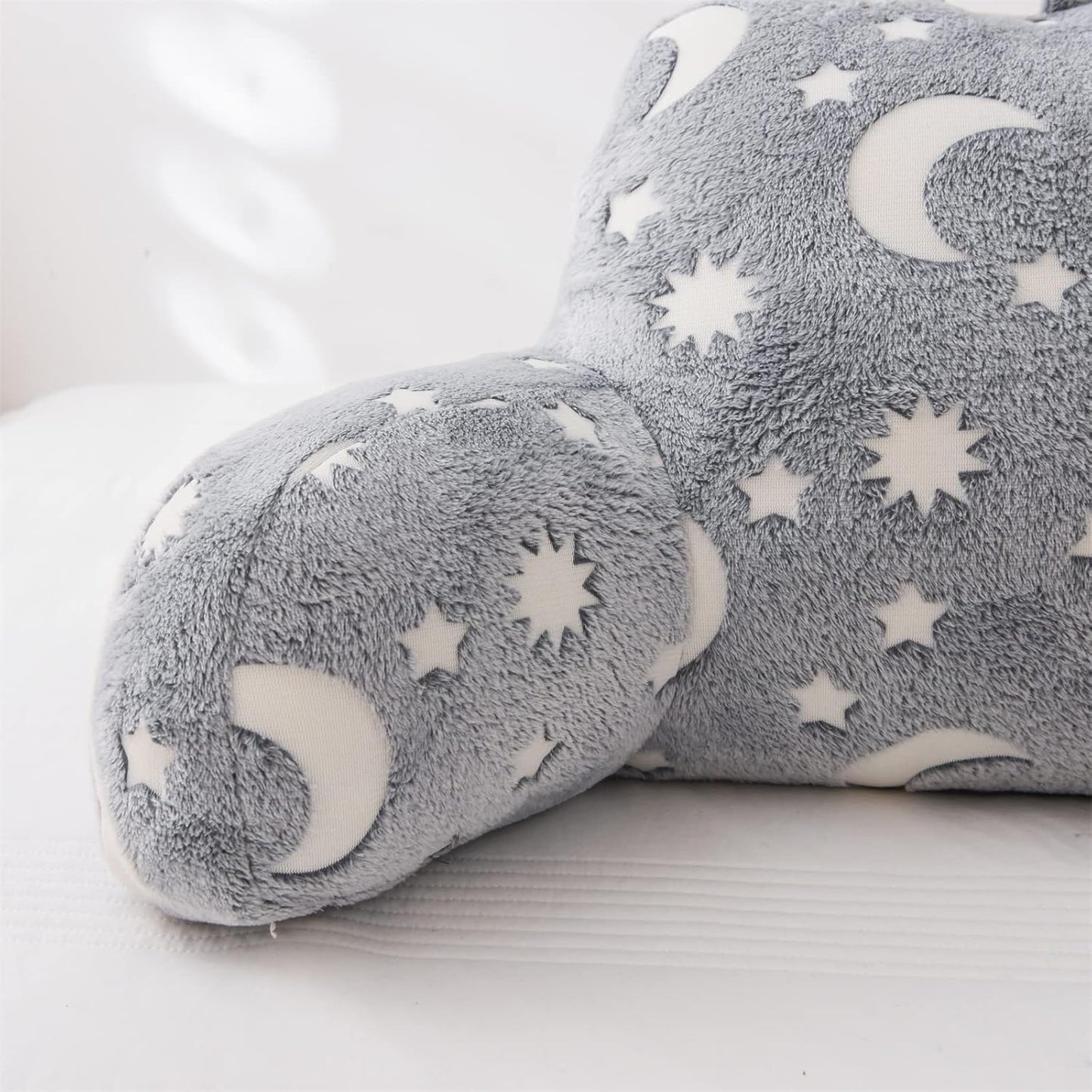 A Nice Night Star Moon Plush Reading Pillow Glow in The Dark Bed Wedge Children Backrest with Arms Back Support for Sitting Up in for Bedrest,Grey