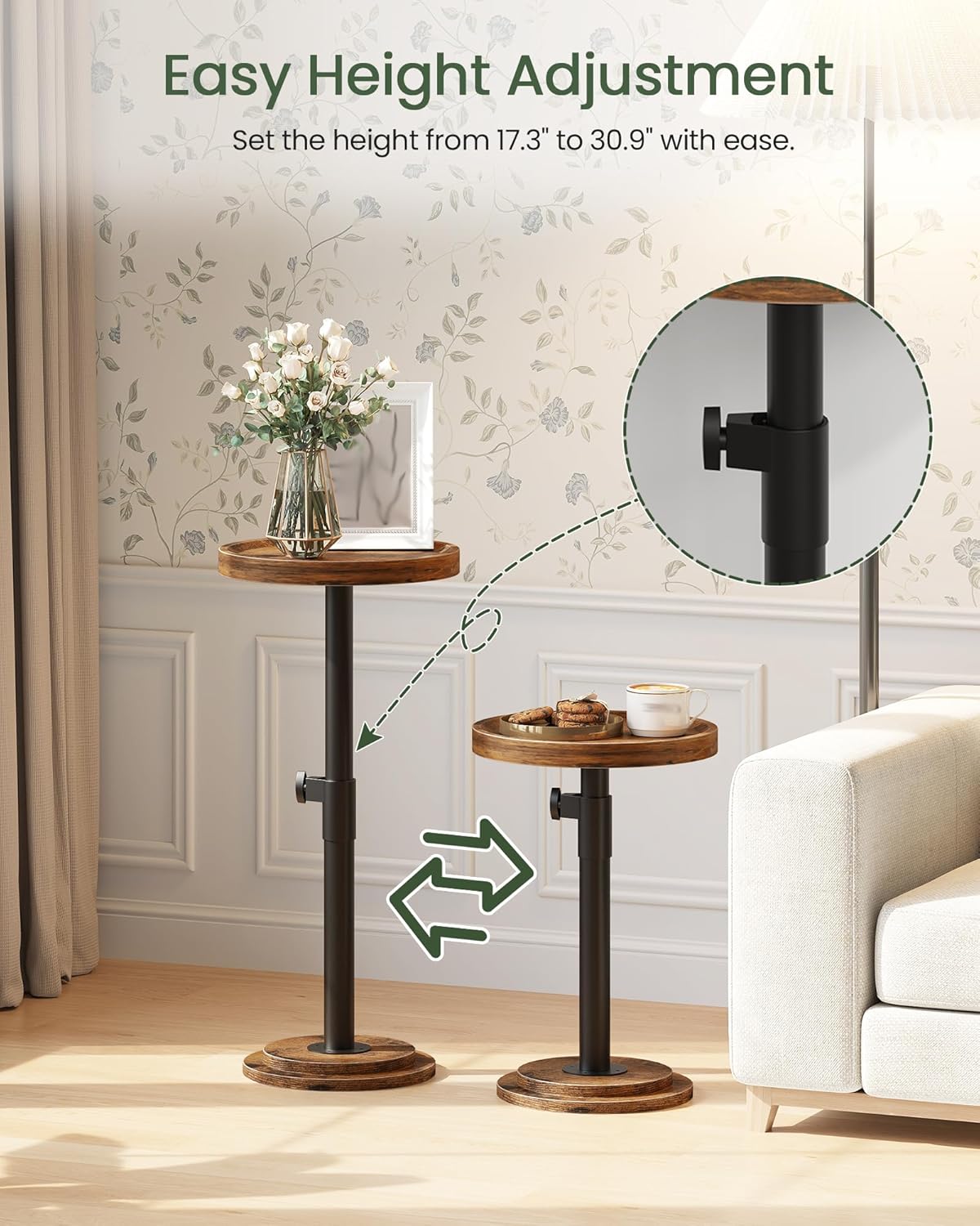 Small Round Side Table, Height Adjustable Drink Table, Pedestal Martini Table with Thickened Base, for Small Space, Sofa, Living Room, Bedroom, Rustic Brown and Black TBZ31BF