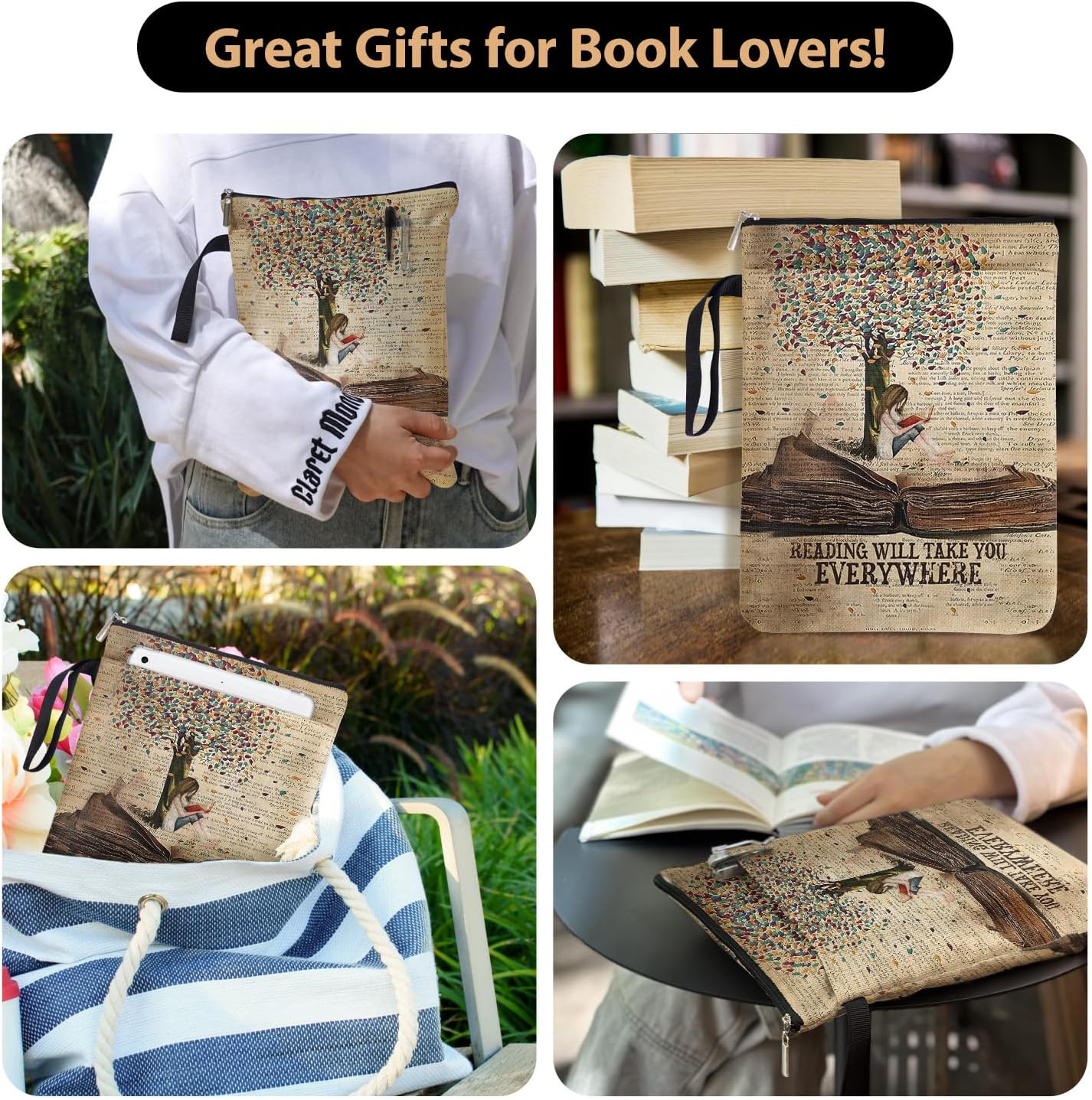 Reading Will Take You Everywhere Book Sleeve for Girls - Book Club Gifts Waterproof Book Cover | Vintage Travel Inspired Gifts for Book Lovers (Zipper Pocket)
