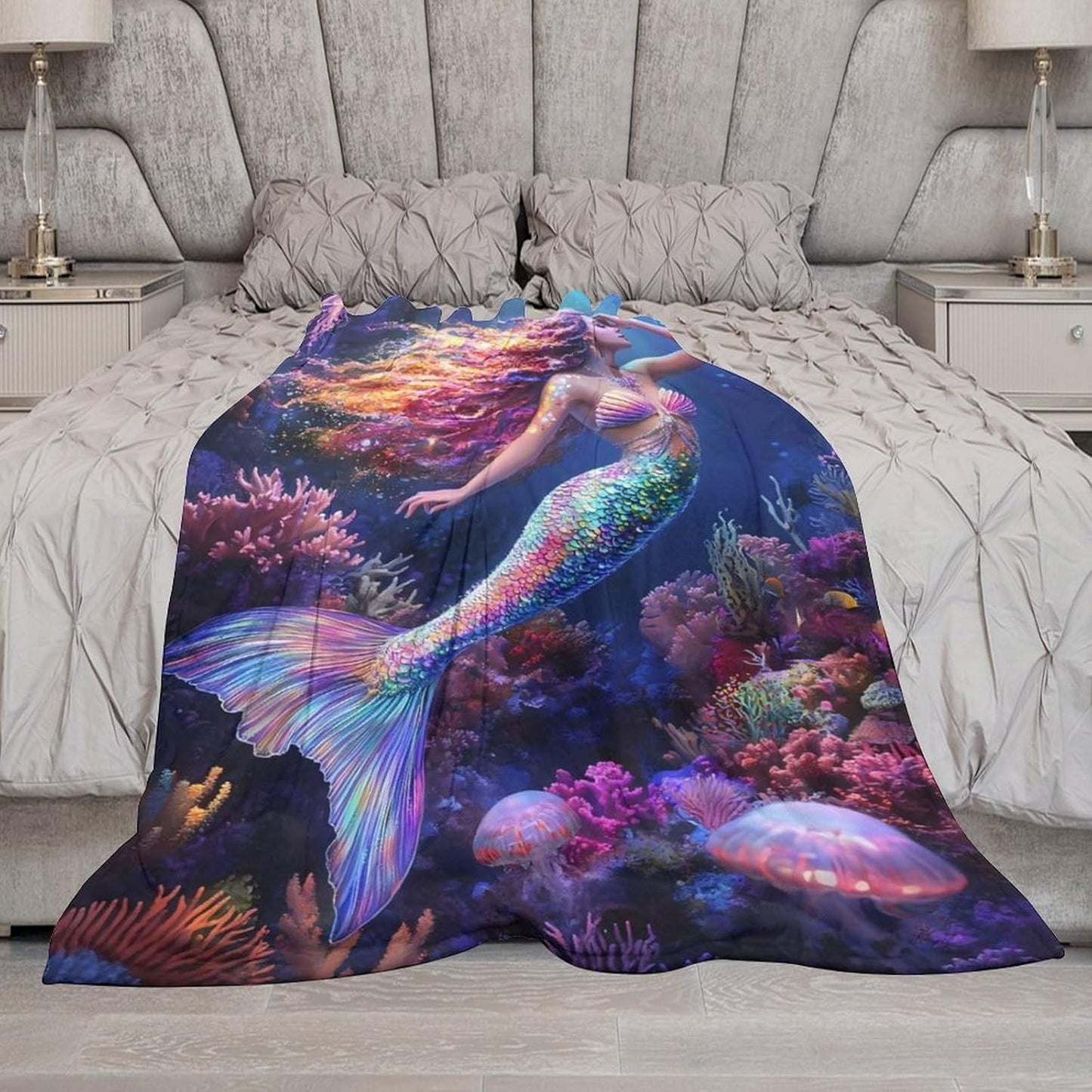 Mermaid Blanket, Ocean Mermaid Gifts Jellyfish Decor Pictures Blankets, Mermaids Throw Blanket for Sofa Couch Bed Living Room Soft Warm Cozy for Adults Kids Men Women 40"x50"