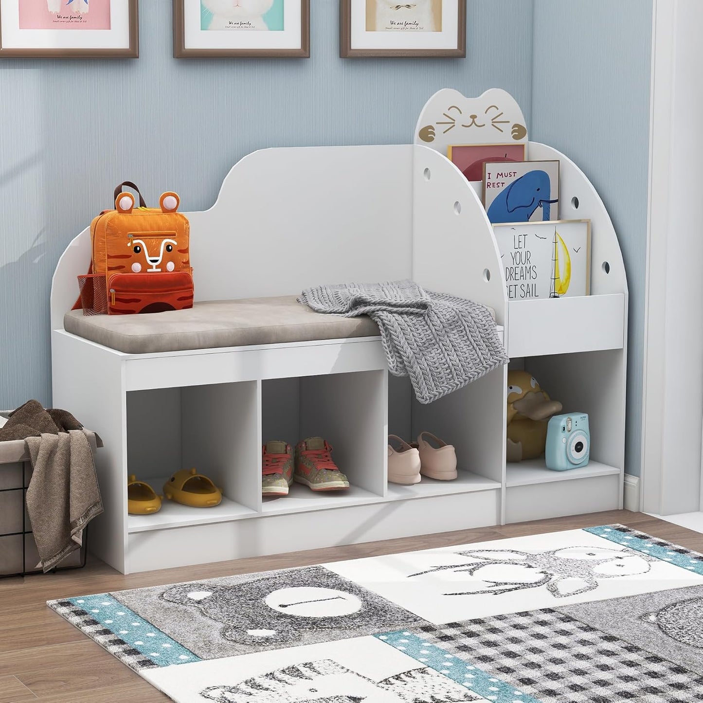 TaoHFE Reading Nook for Kids with 4 Storage Cubes and Cushion, Kid Bench with Kids Bookshelf and Toy Storage, Multifunctional Kids Reading Nook for Living Room, Kid Room, Nursery, White