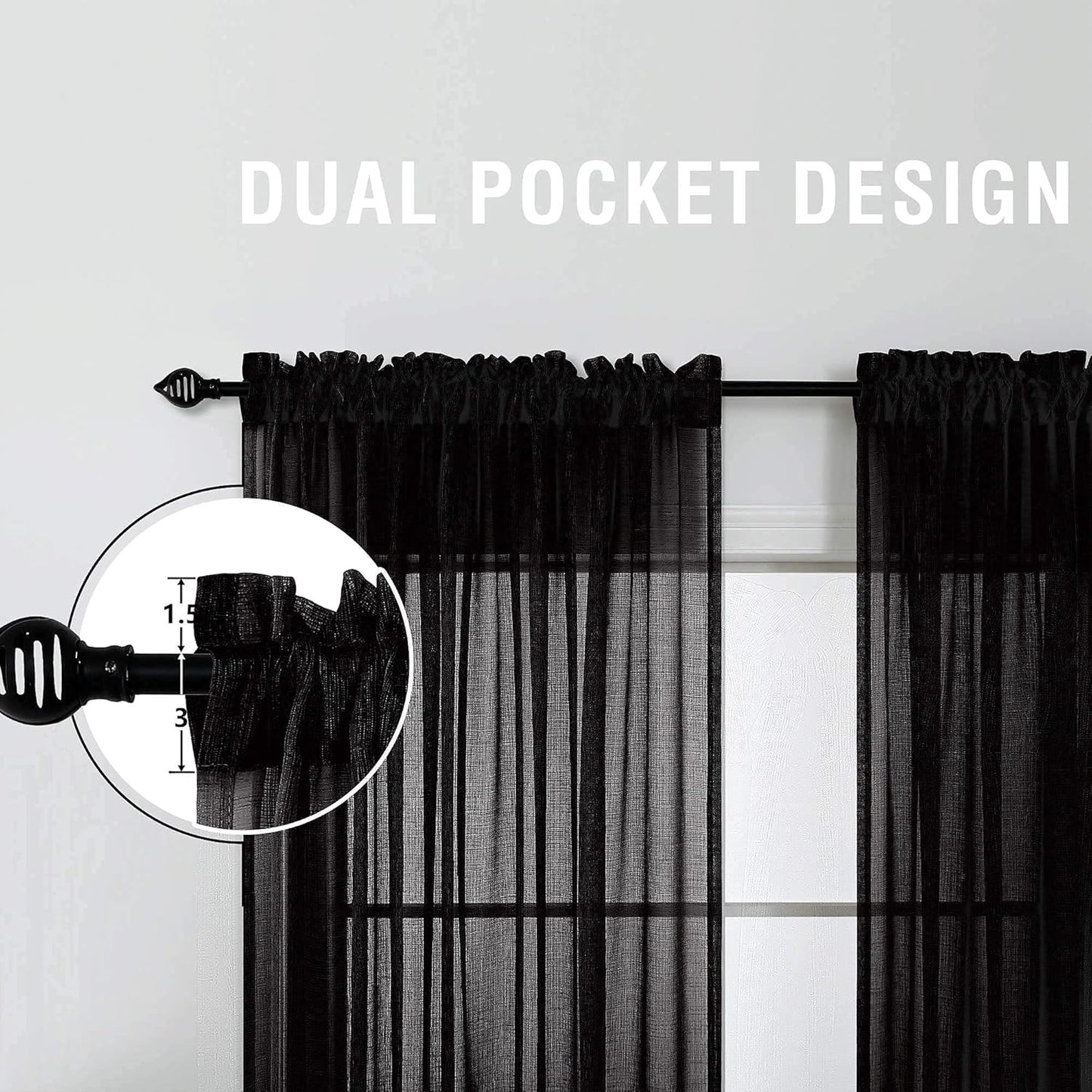 KOUFALL Sheer Black Curtains for Bedroom 2 Panels,Boho Window Curtains for Bathroom Kitchen Living Room 63 Inch Length