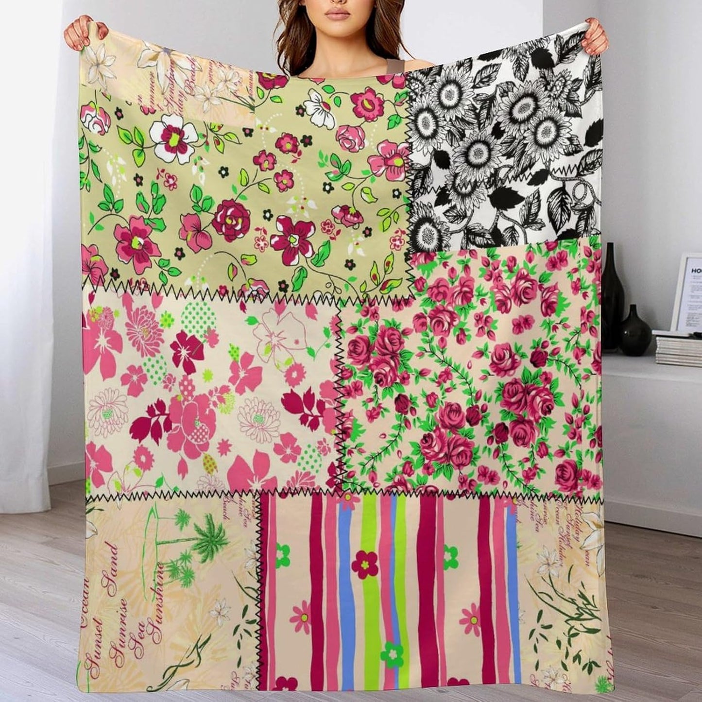Patchwork Floral Throw Blanket,Retro Style Boho Colorful Farmhouse Flower Botanical Flannel Plush Camping Company Double-Sided Office Chair Bedding Blankets, 40x50 in
