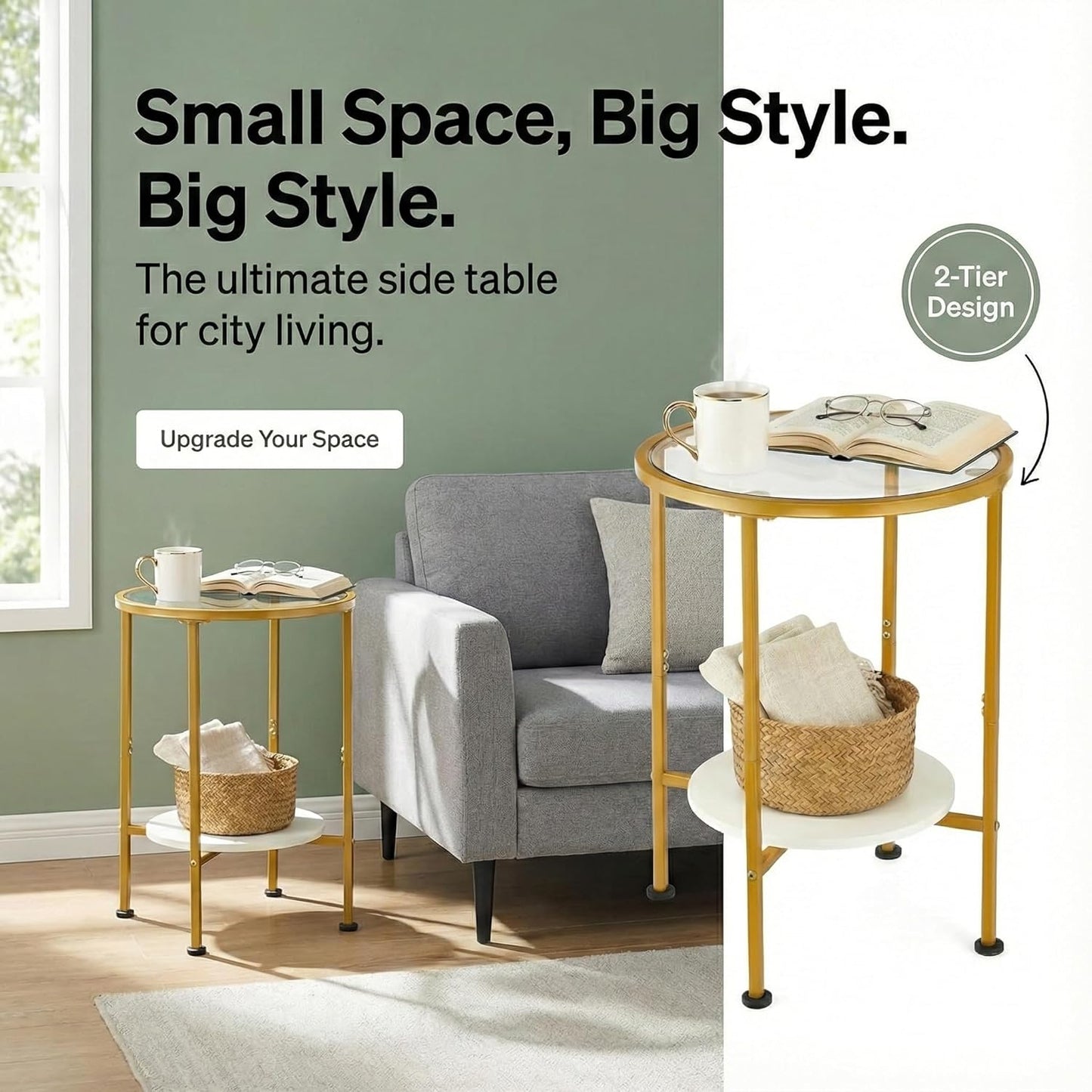 Round Gold Side Table, 2 Tier Tempered Glass Top End Table with White Storage Shelf for Living Room,Modern Small Nightstand for Bedroom,Metal Accent Bedside Table for Small Spaces
