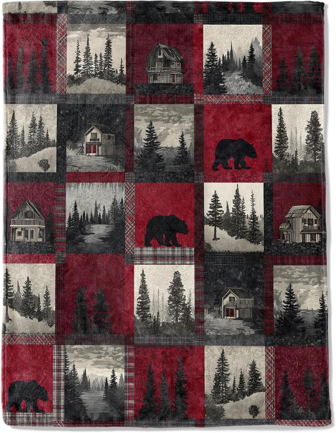 Rustic Christmas Decorative Blanket, Bear Cabin Forest Patchwork Print Throw Decoration, Soft Flannel Winter Blankets for Couch Bed Sofa, Holiday Home Decor, Xmas Festival Gifts 50x60 Inch