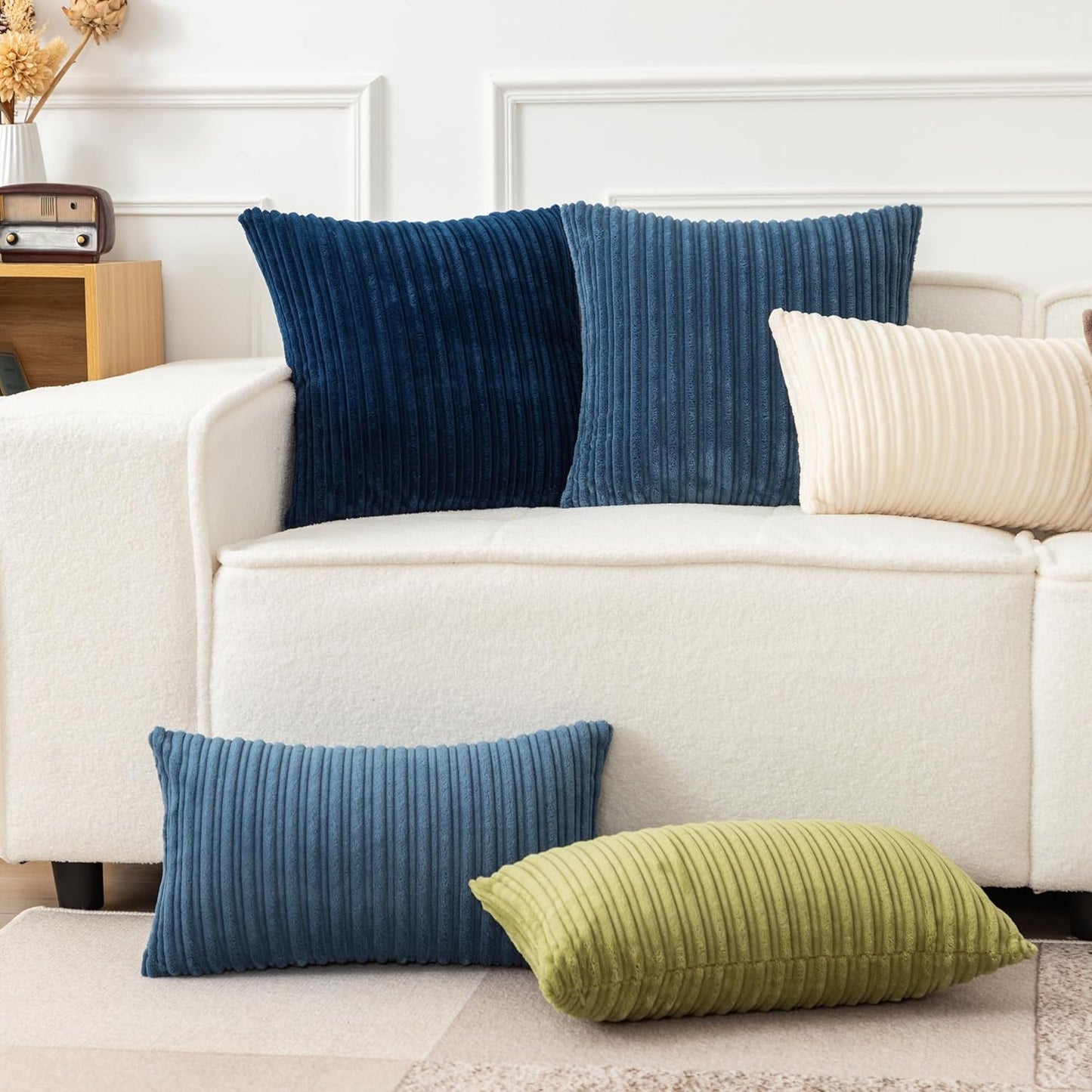 UGASA 12x24 Inch Pillow Cover Pack of 1 Soft Boho Stripe Corduroy Long Rectangle Lumbar Cushion Case Farmhouse Decorative Throw Pilowcase for Bed, Couch, Sofa, Bedroom, Living Room, Navy Blue
