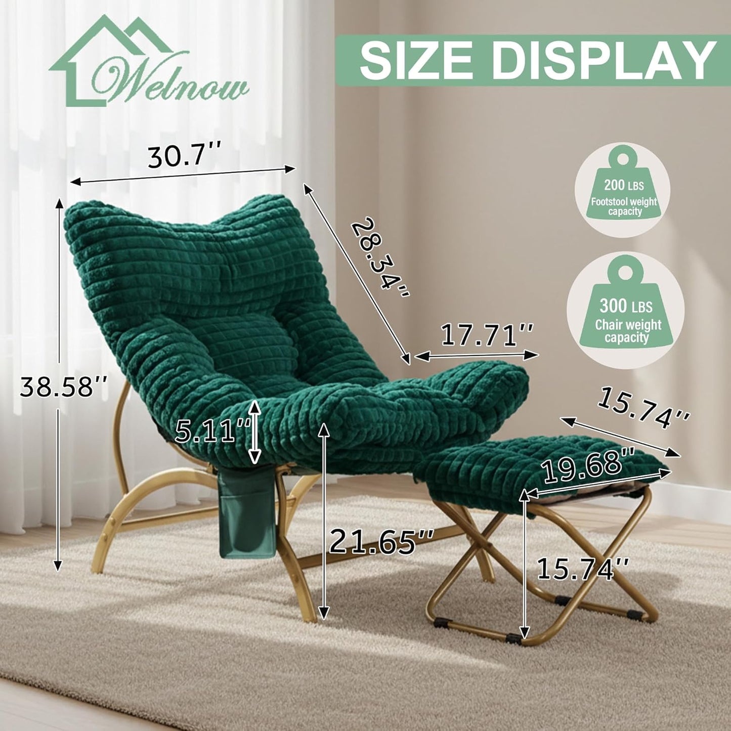 Welnow Dark Green Lazy Chair with Ottoman, Oversized Reading Chair for Adults, Soft Padded Lounge Accent Chair for Living Room, Bedroom, Comfortable Reclining Leisure Chair with Side Pocket