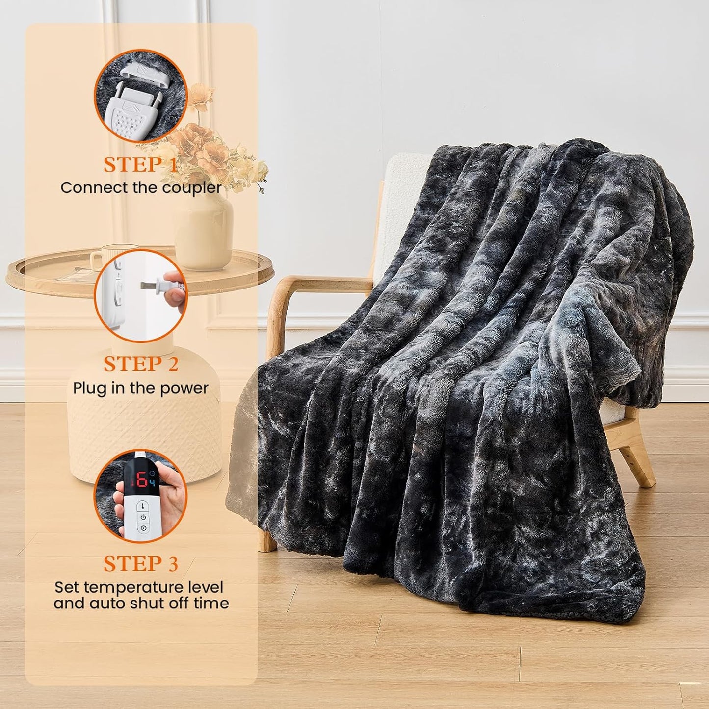 Electric Heated Throw Blanket - Faux Fur Sherpa 50"x60" Fast Heating Bed Blankets Throw with 6 Heating Levels & 4 Hours Auto Off, Over-Heat Protection ETL, Black