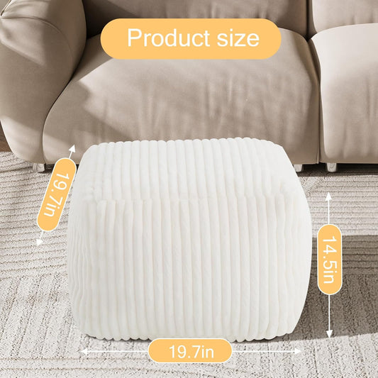 MeMoreCool Square Stuffed Pouf Ottoman Foot Rest, Stripe Furry Floor Pouf Foot Stool with Foam Chunk Filling, Soft Fluffy Stuffed Ottoman Footrest for Living Room, Faux Fur Beige