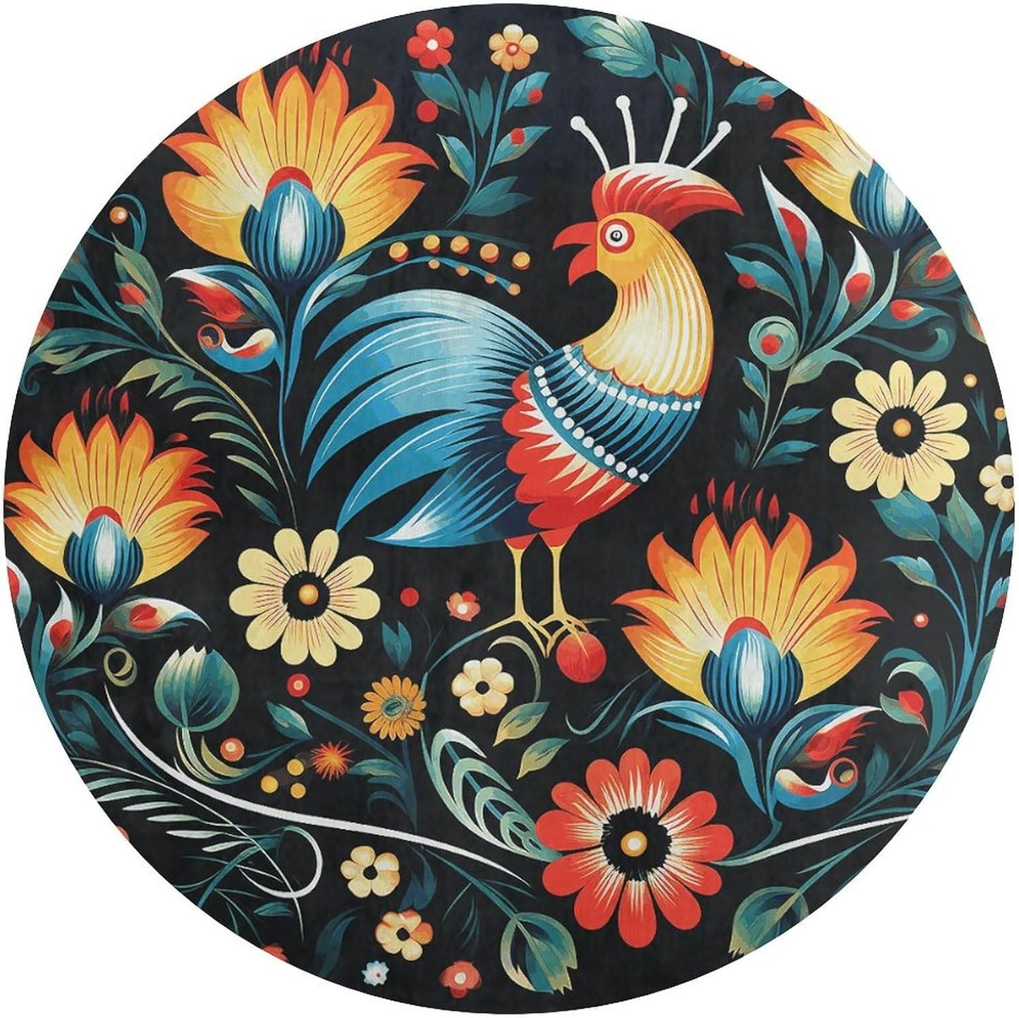 Polish Folk Art Pattern Circle Rug Retro Luxury Coral Velvet Floor Mat Non Slip Soft Indoor Floor Carpet Comfy Thickened Area Rugs Modern Aesthetic Minimalist Carpets for Home Decor