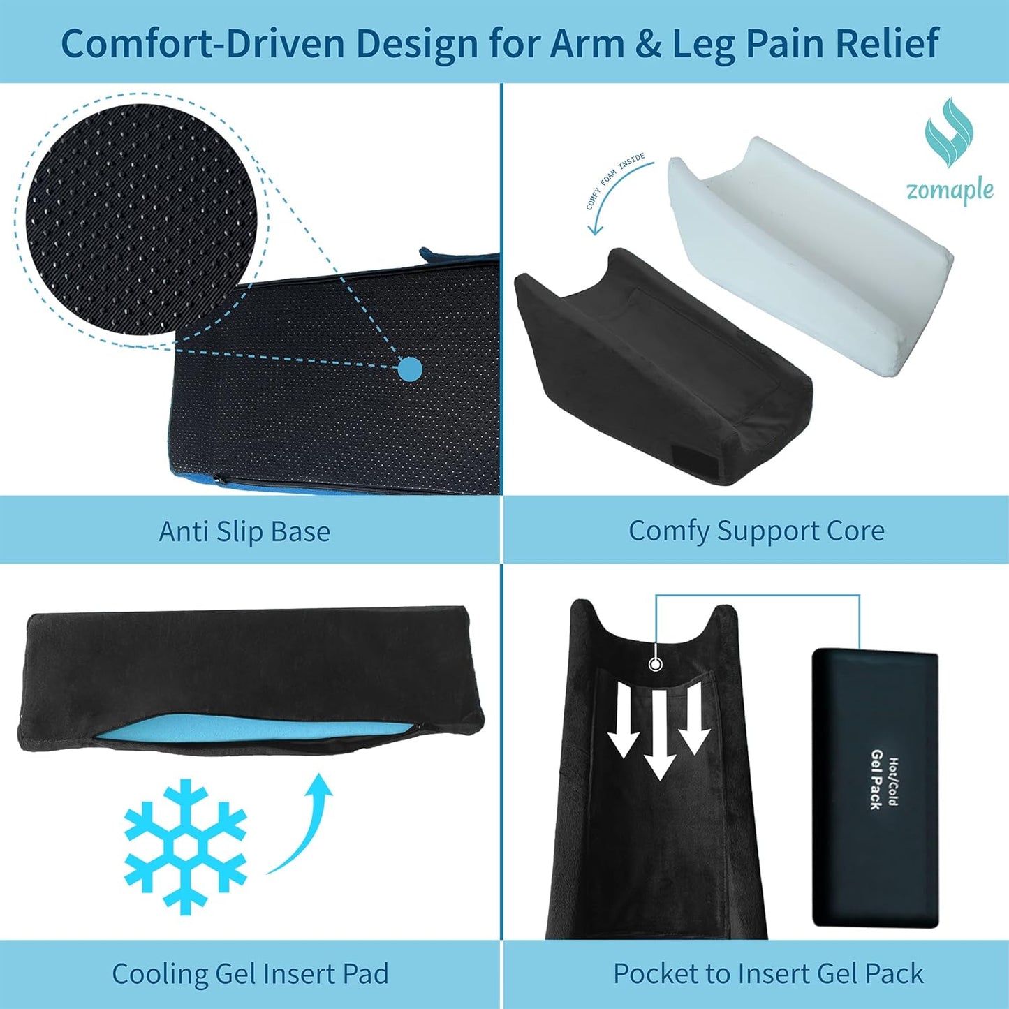 Zomaple Arm Elevation Pillow, Black – Reduce Swelling & Pain with Elbow Support – Adjustable, Gel-Infused Foam, Hot/Cold Gel Pack & Washable Cover – Arm Support Pillow for Post-Surgery Recovery
