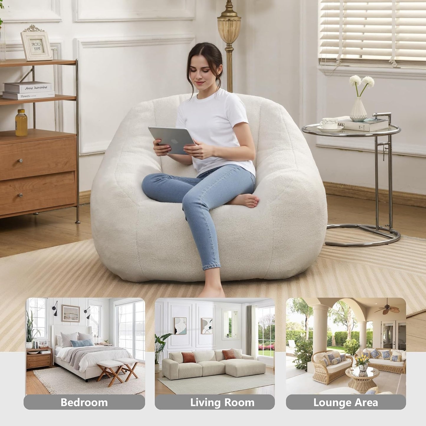MINCETA Bean Bag Chair for Adults, Comfy Bean Bag Sofa with Armrest, White BeanBag Chair with Back Support for Living Room, Bedroom