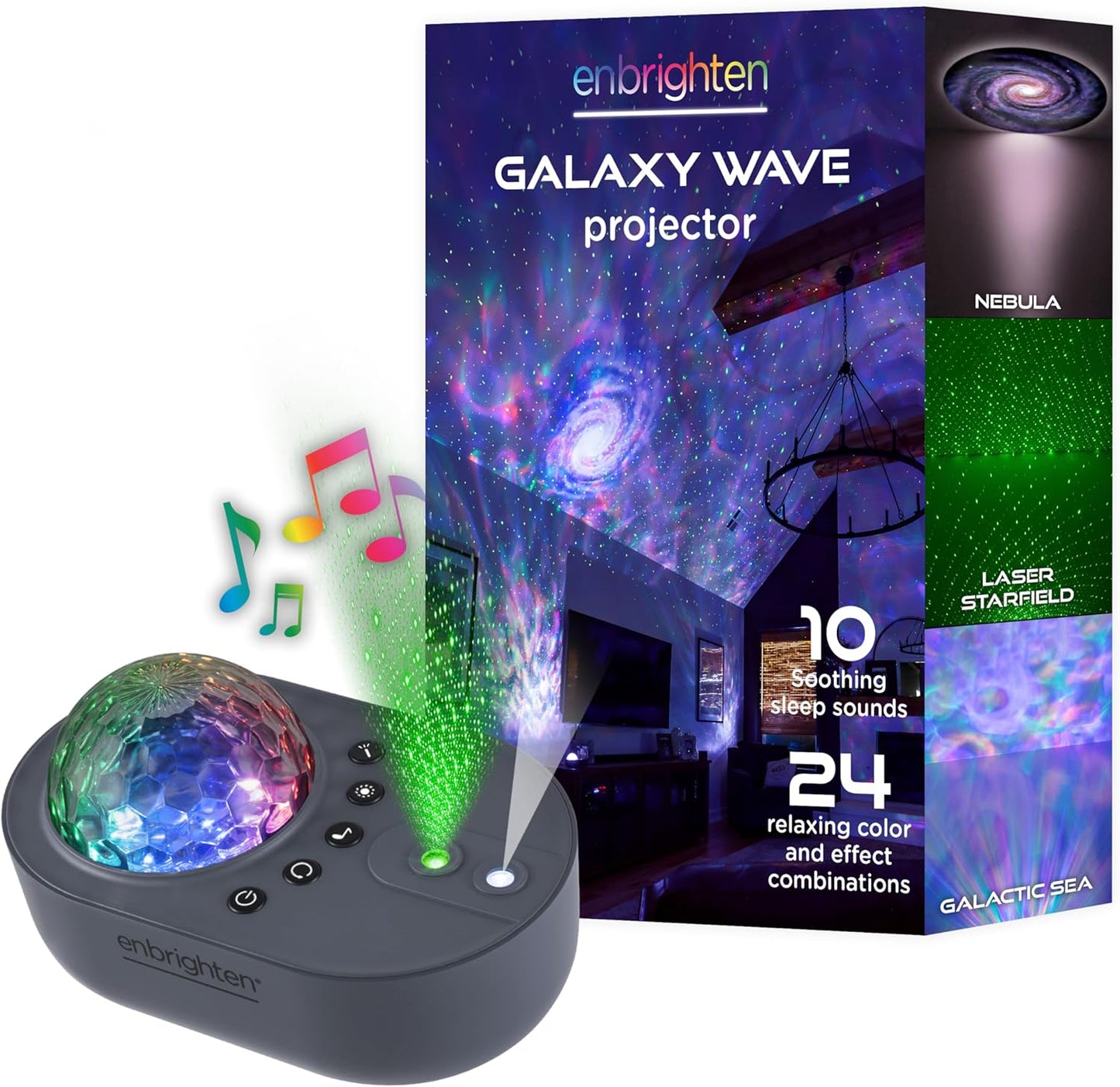 Enbrighten Galaxy Star Projector – Multi-Color Aurora Nebula Space Lamp with Sleep Sounds and White Noise – USB Powered Night Light for Bedroom, Living Room, Kids & Adults (65277)