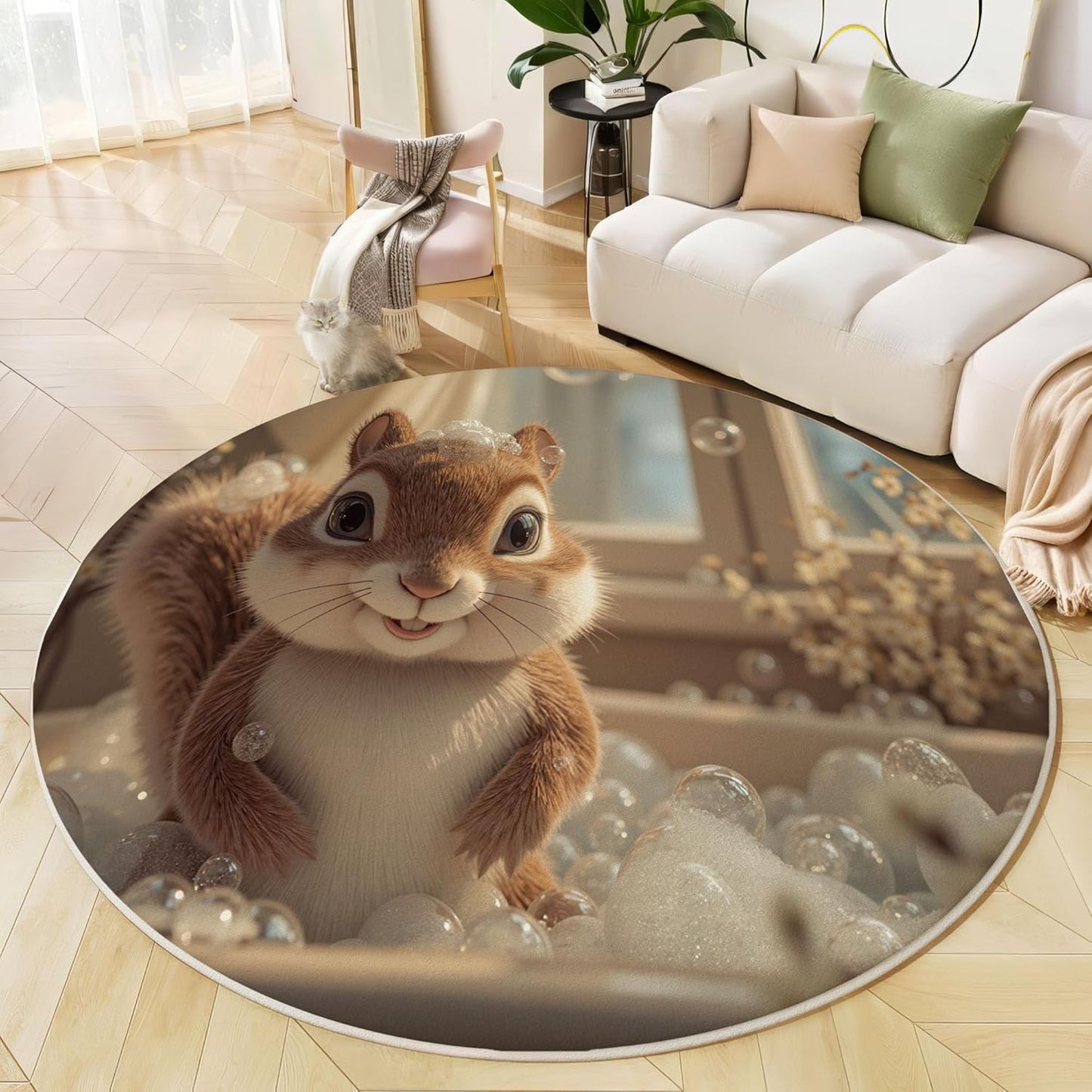 2Ft Round Washable Rug - Large Area Rug for Living Room Dining Room, Beige Soft Bedroom Carpet with Cute Squirrel Bathtub Pattern, Fun Animal Décor, Low Pile Stain Resistant