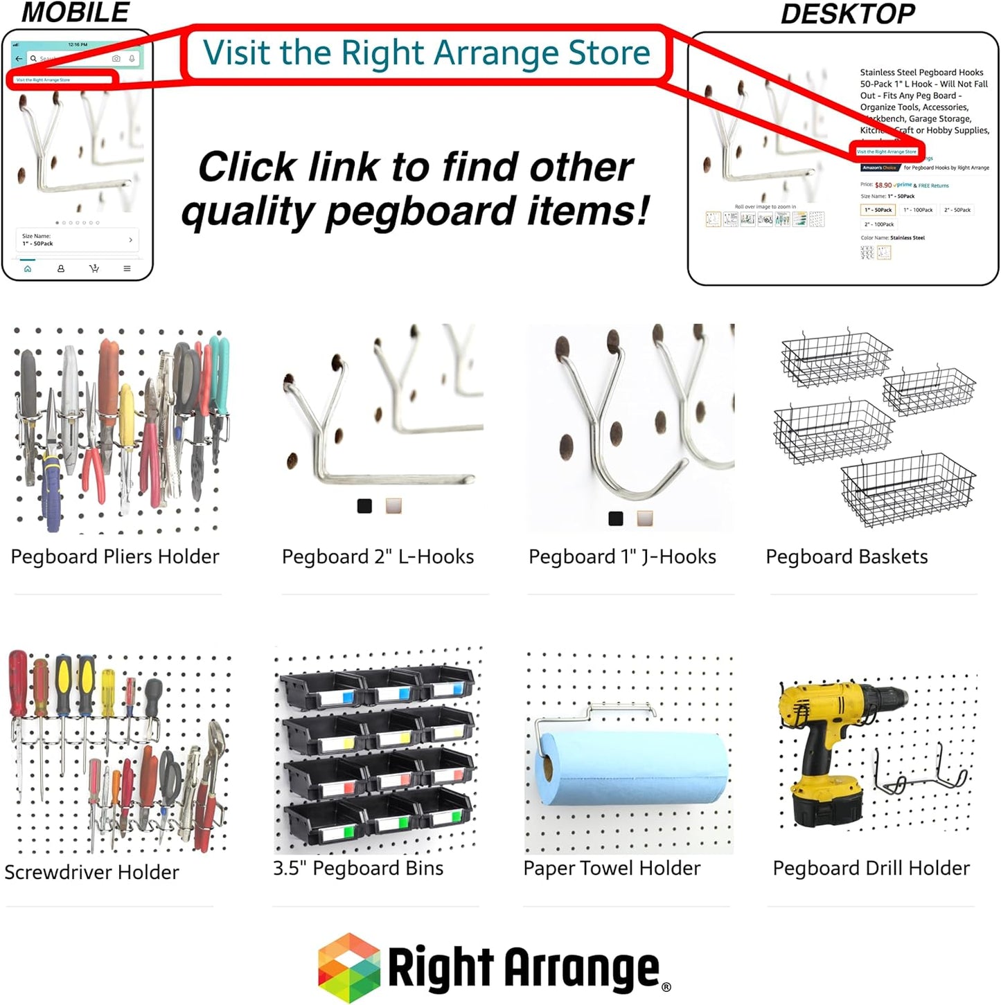 RightArrange One-Handed Tear Pegboard Paper Towel Holder - Stainless Steel - Hooks to Any Peg Board - Pegboard Accessories for Tool Shed, Garage, Workbench, Kitchen, Laundry or Craft Room Organization