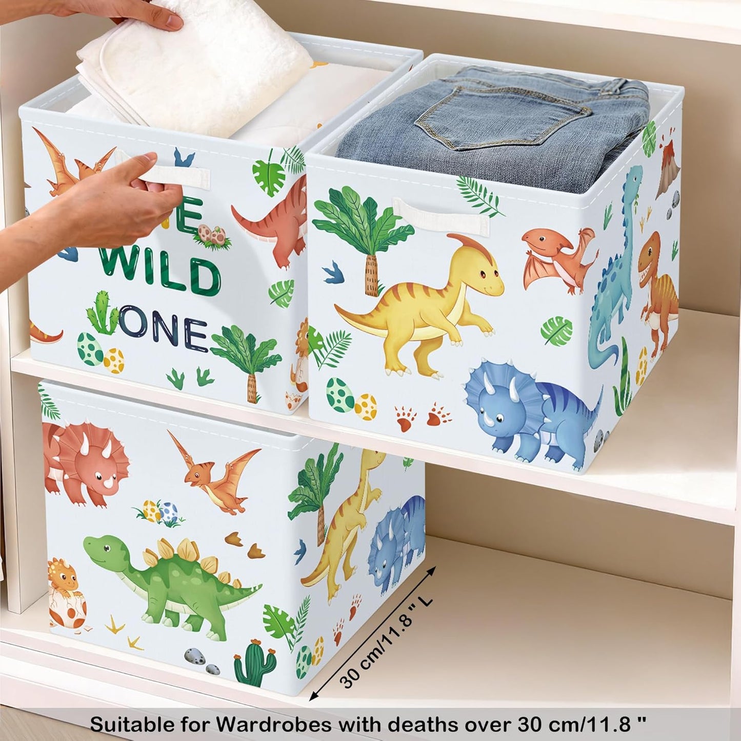 11.8" Boho Dinosaurs Cube Storage Organizer Set 3Pcs Palms Eggs Cube Storage Bin for Bathroom/Bedroom Kid Book Toy Chest, Volcanoes