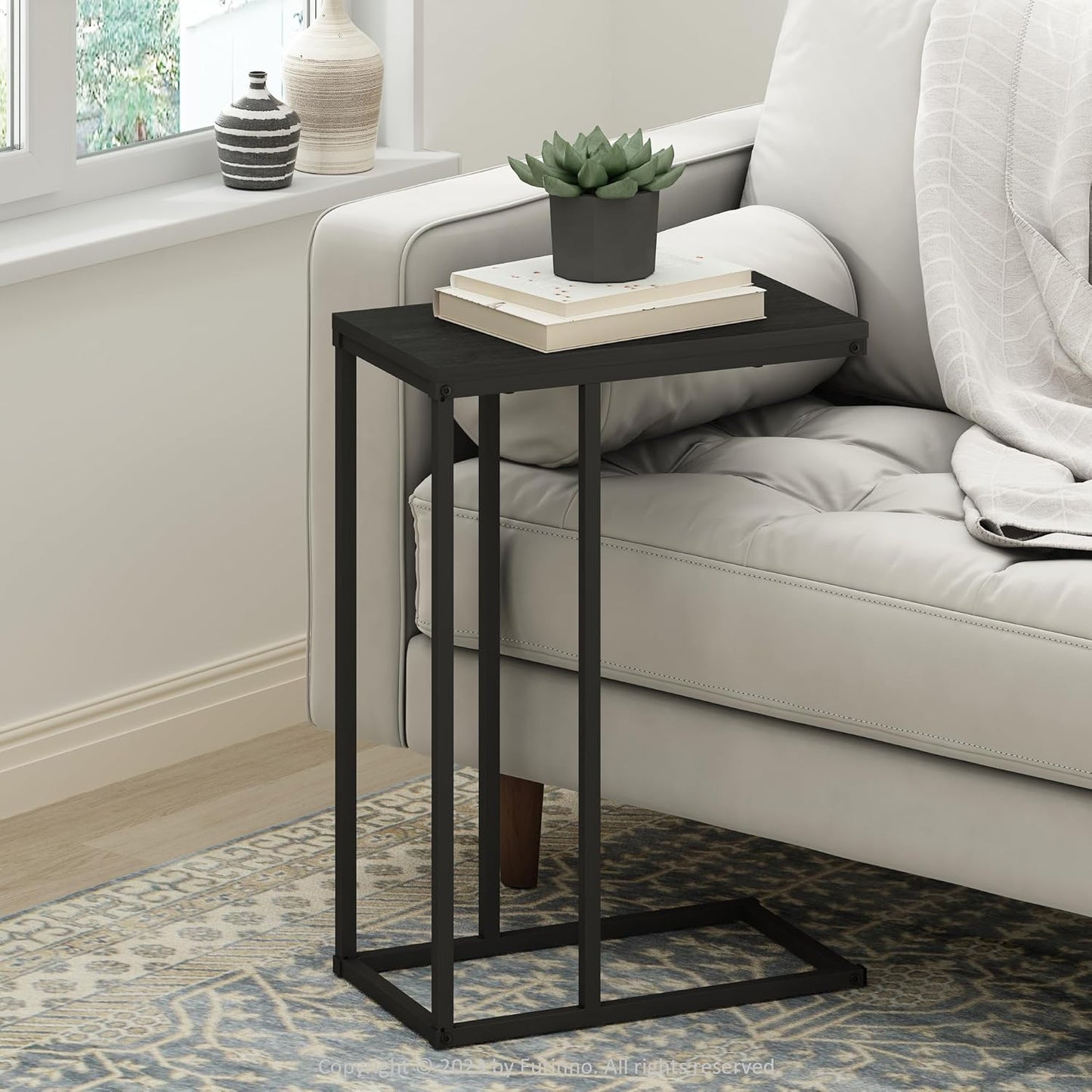 Furinno C-Shaped Side Table, Metal Frame End Table, Night Stand, Bedside Table, for Living Room, Bedroom, Americano