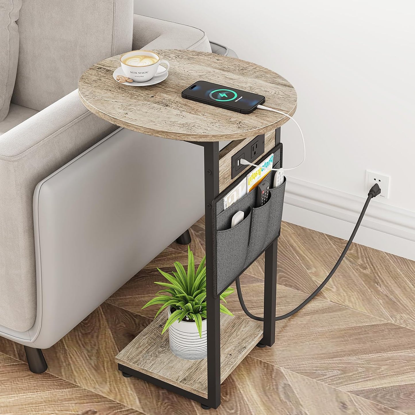 Vagusicc C Shaped End Table with Charging Station, Small Side Table for Couch, Slide Under Sofa Table for Living Room Bedroom, Round Couch Side Table, C Table for Couch Snack Table TV Tray, Greige